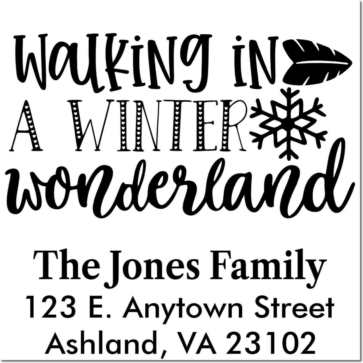 Custom rubber stamp examples featuring a Walking in a Winter Wonderland holiday design and personalized family address stamp.