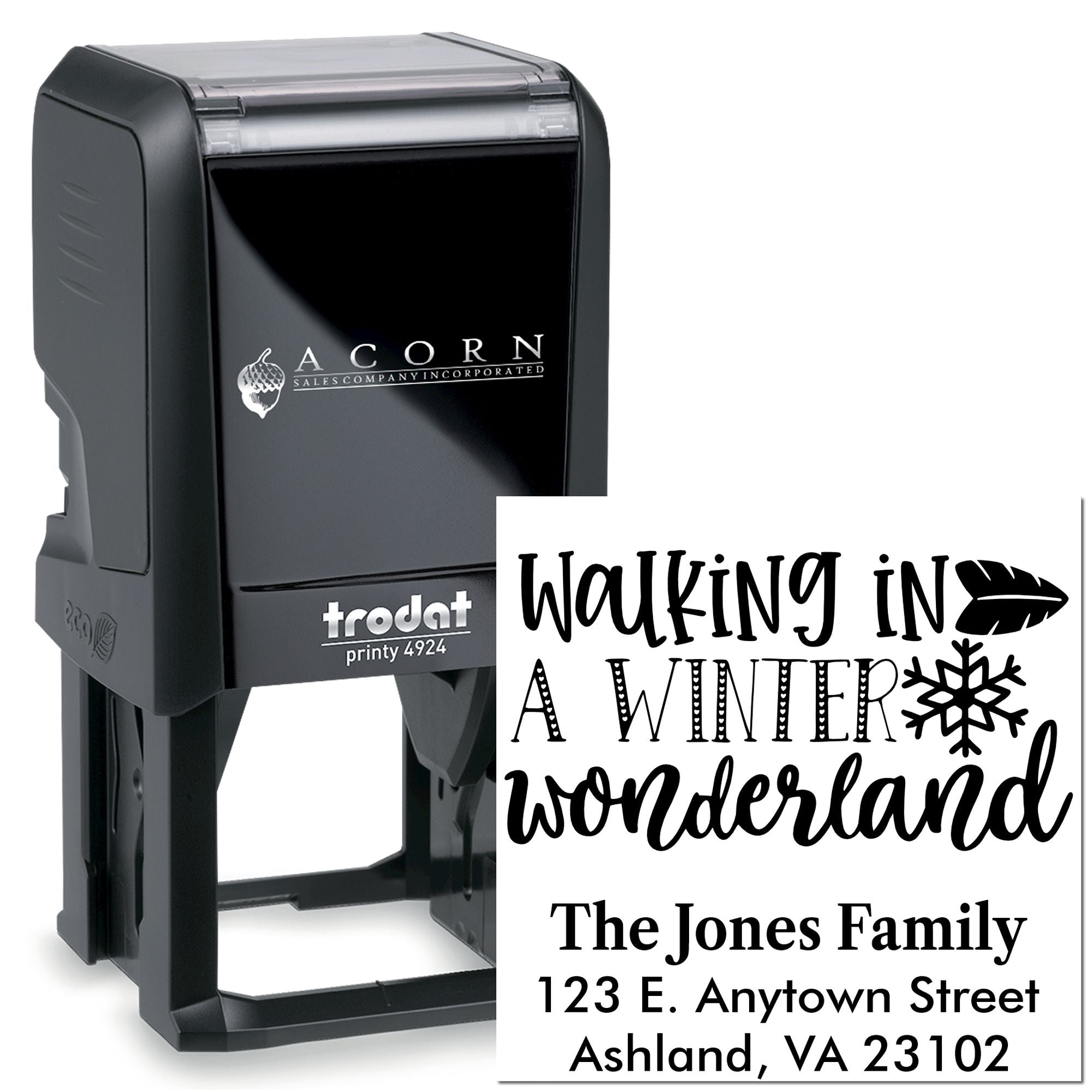 Custom self-inking address rubber stamp with Walking in a Winter Wonderland and family address for holiday mail.