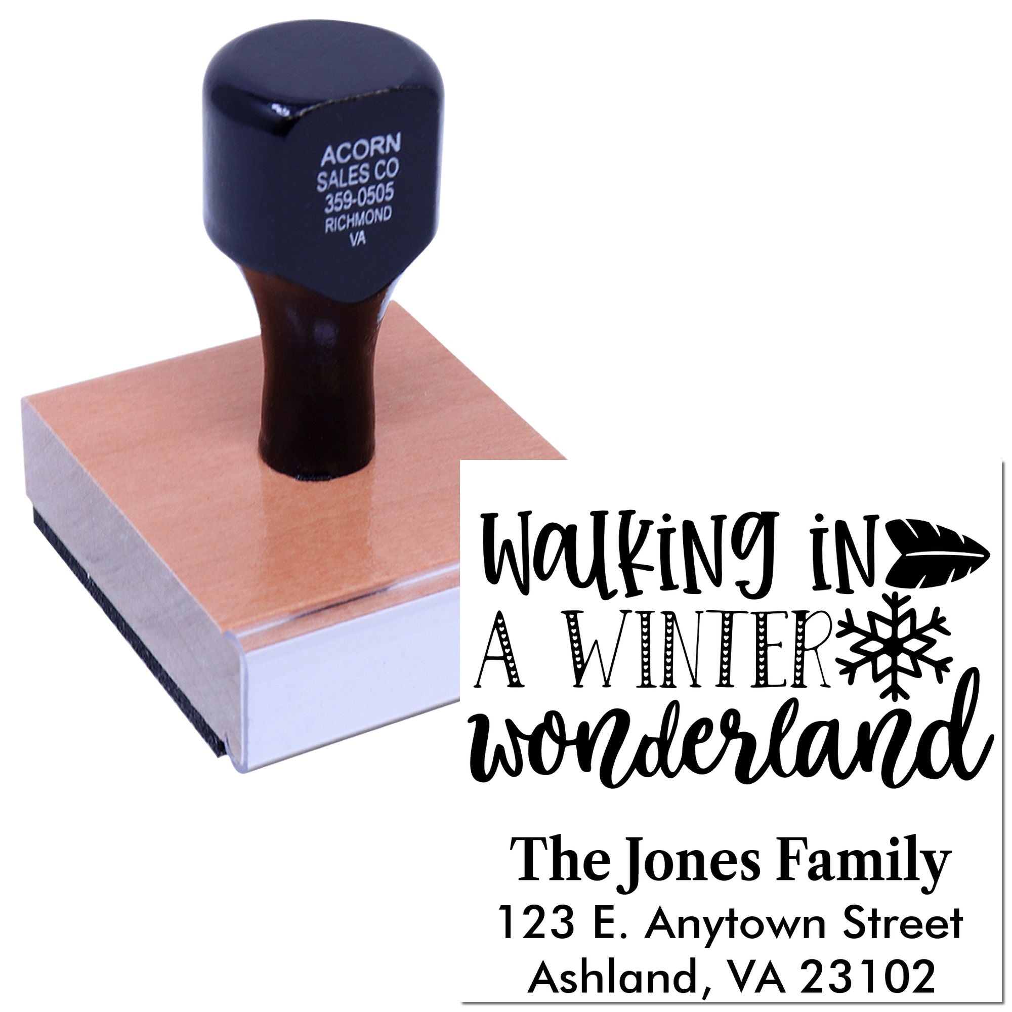 Custom holiday rubber stamp with Walking in a Winter Wonderland design and return address imprint for festive envelopes.