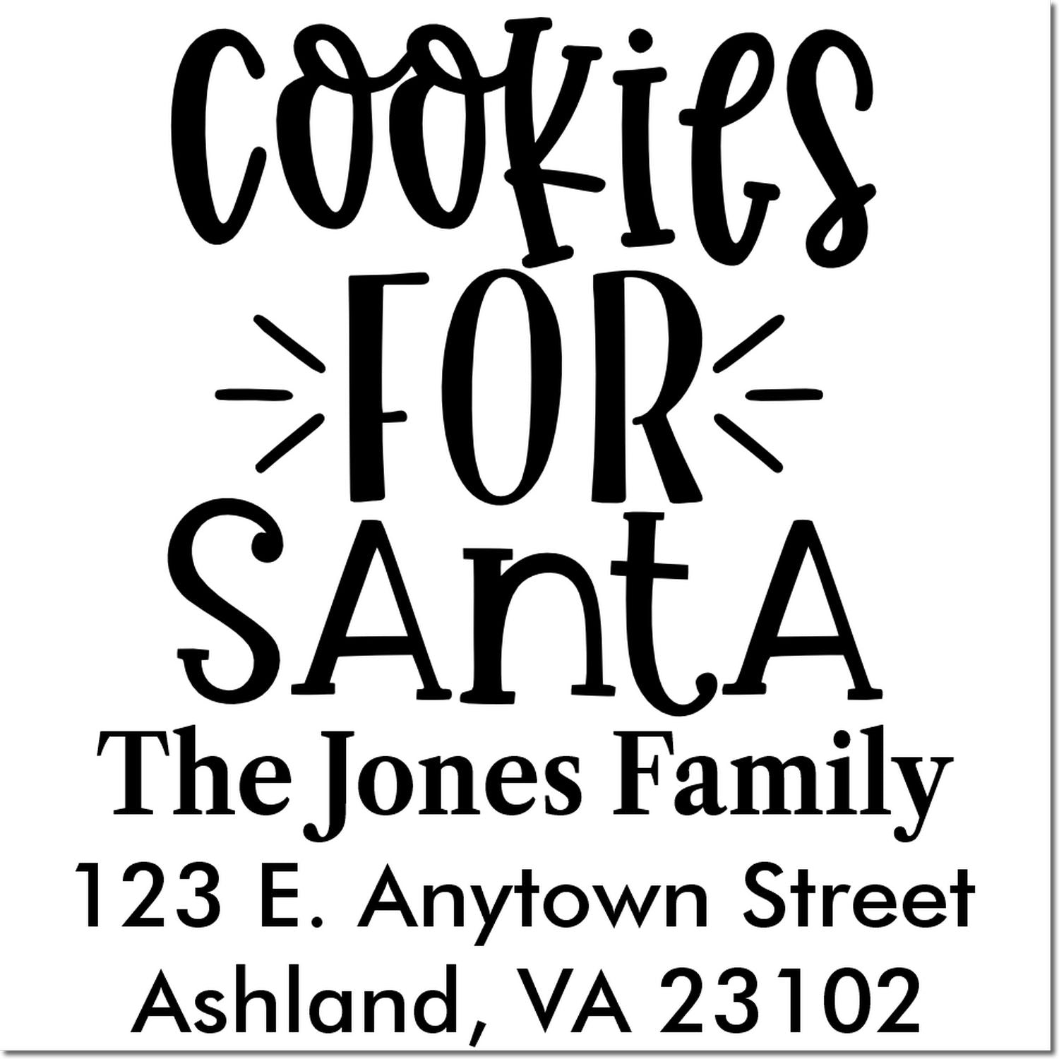 Custom Cookies for Santa rubber stamp with family name and return address for holiday cookie packaging.
