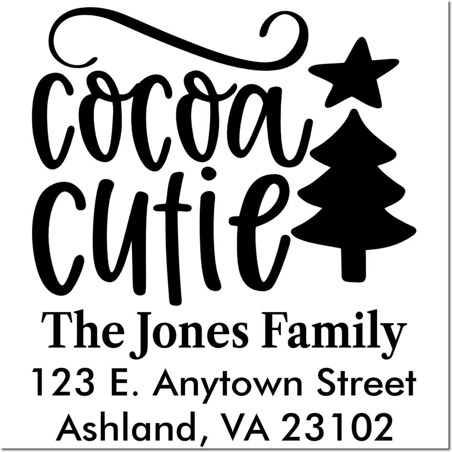 Custom return address rubber stamp with Cocoa Cutie tree design for The Jones Family, Ashland, VA 23102.