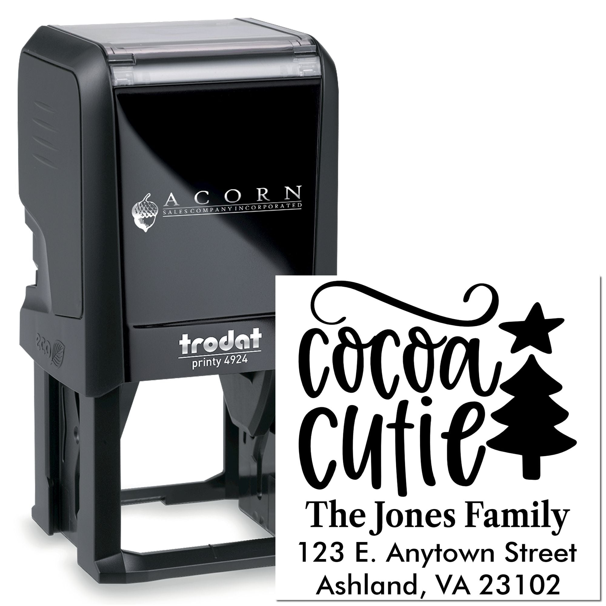 Custom self-inking return address stamp with Cocoa Cutie holiday design, family name, and address imprint.