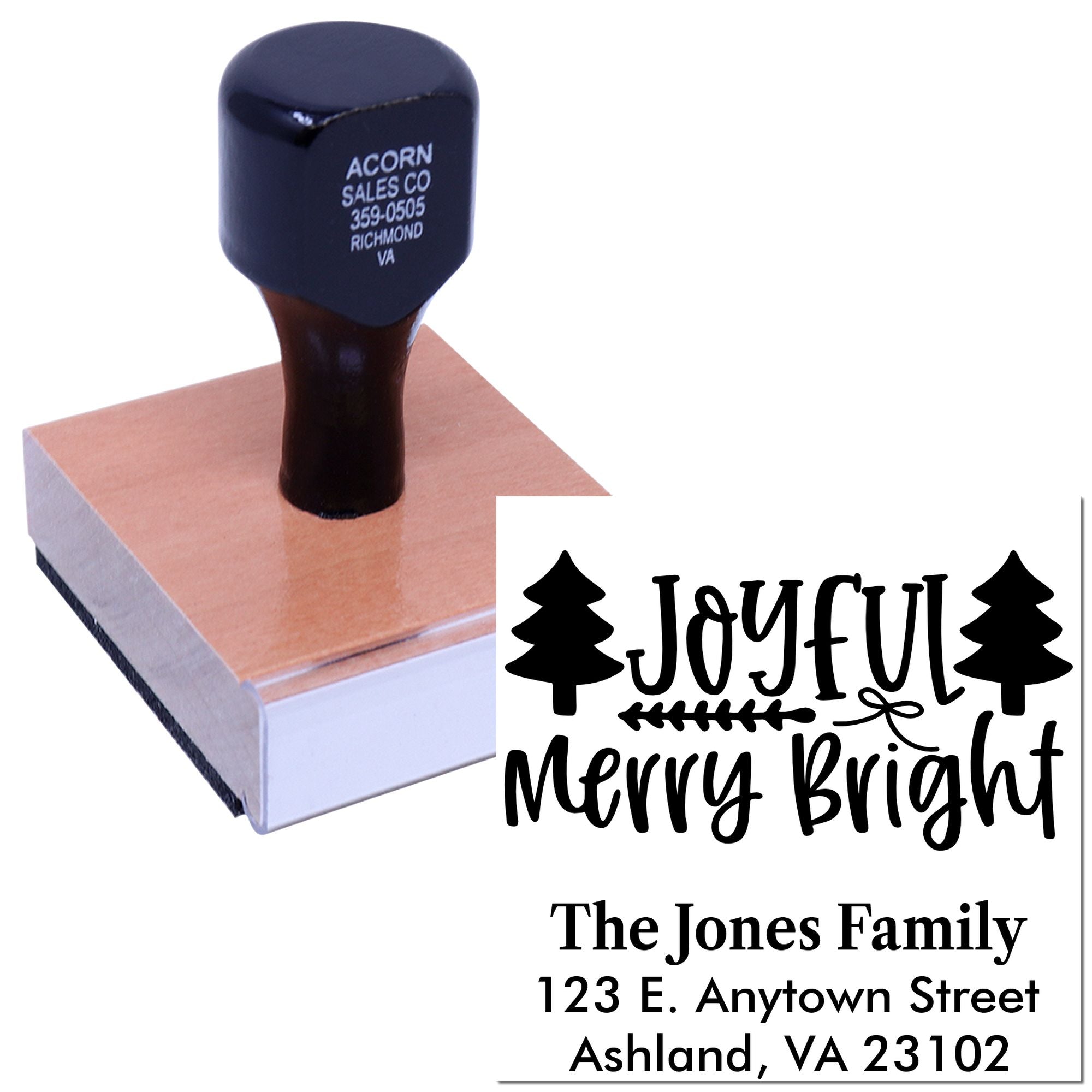 Custom holiday rubber stamp with Joyful Merry Bright return address design for The Jones Family.