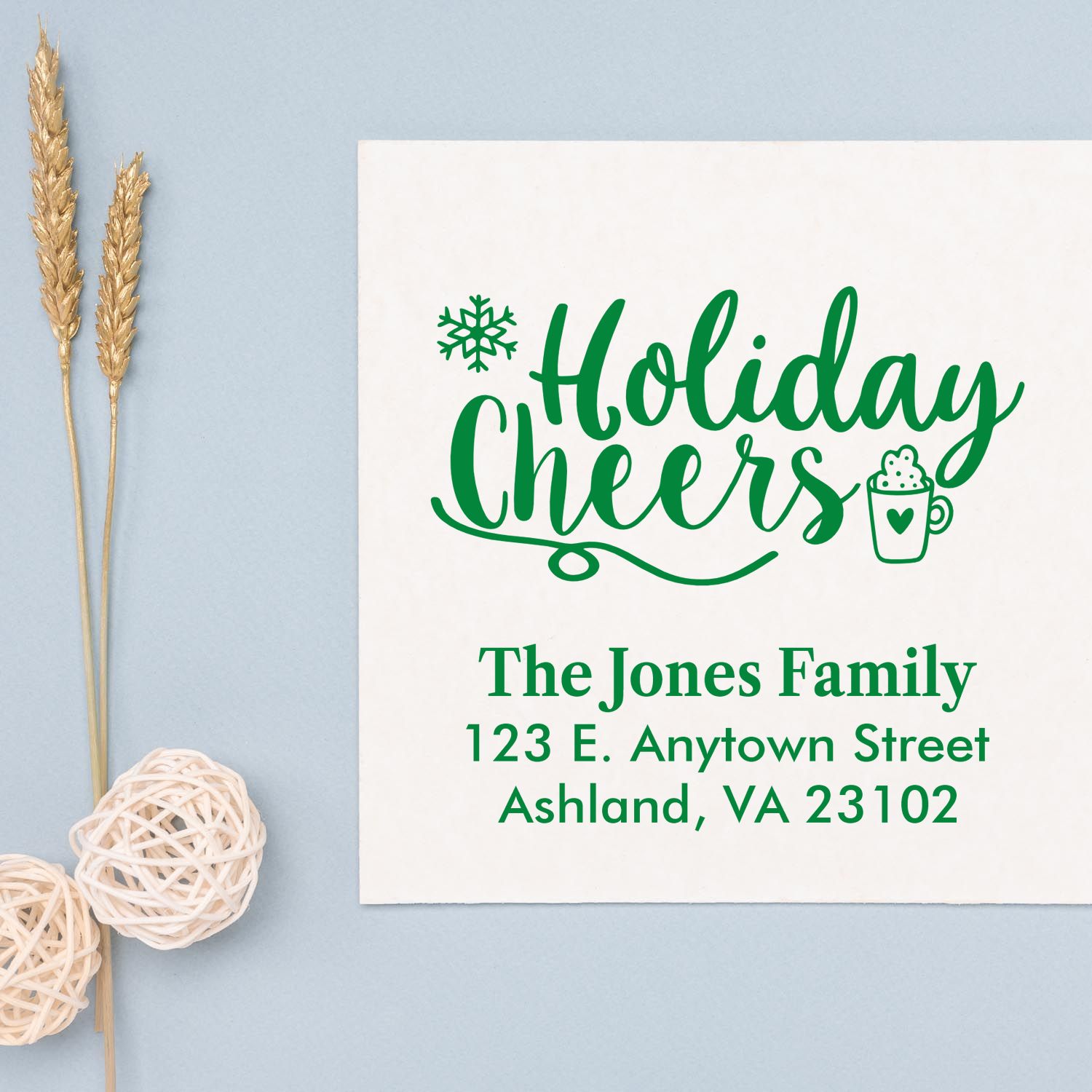 Personalized Holiday Cheers rubber stamp with return address for The Jones Family, Ashland, VA.