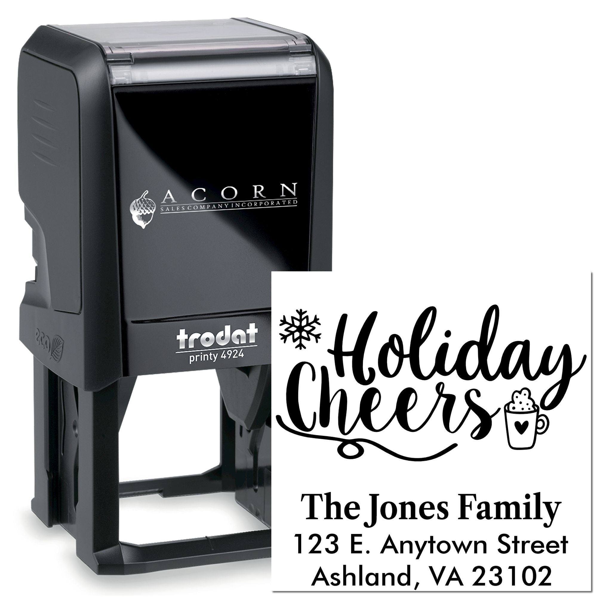 Personalized self-inking Trodat Printy 4924 holiday address rubber stamp with festive Holiday Cheers design for mailings.