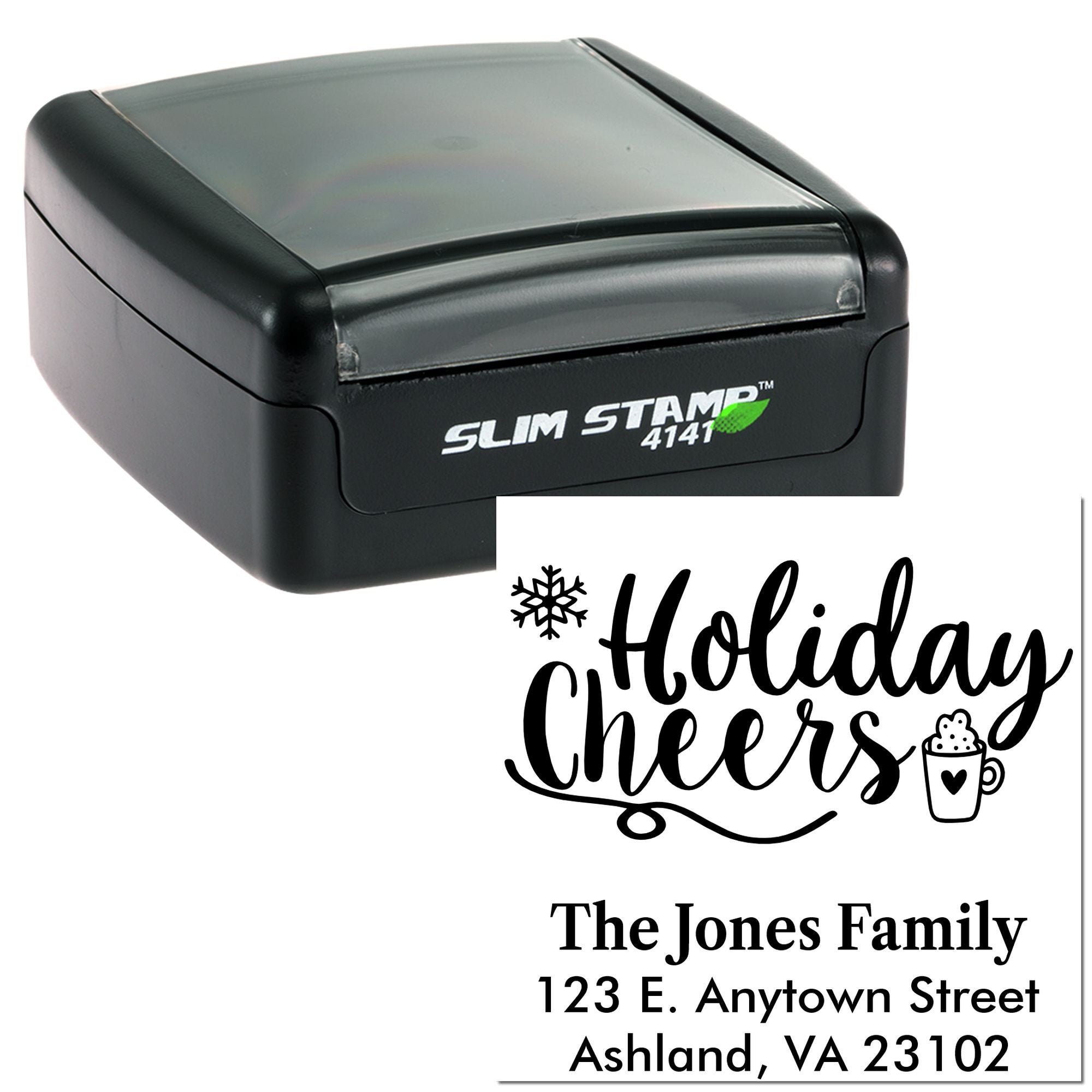 Personalized self-inking rubber stamp with Holiday Cheers return address design for The Jones Family.