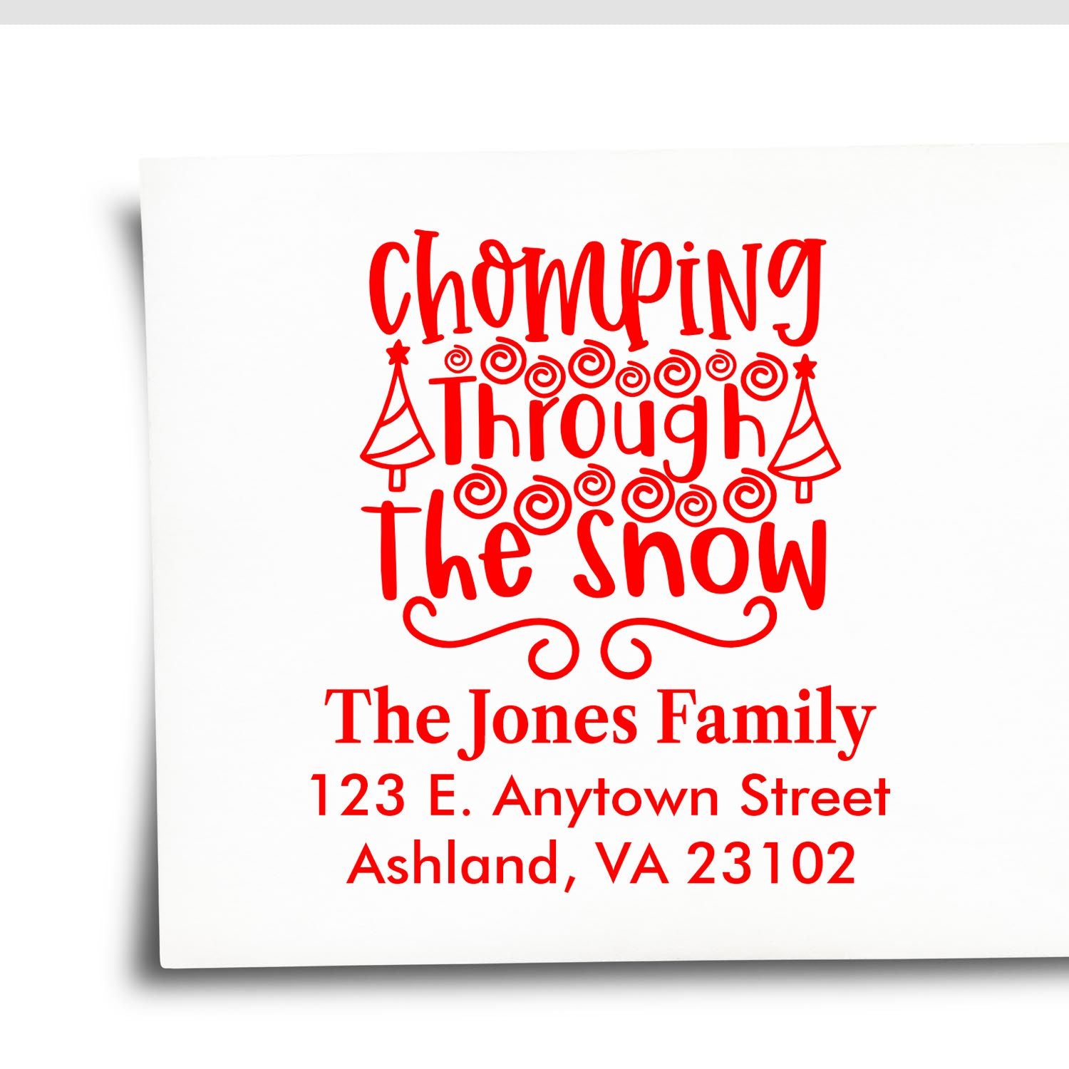 Personalized Christmas address rubber stamp with Chomping Through the Snow for holiday cards and festive mail.