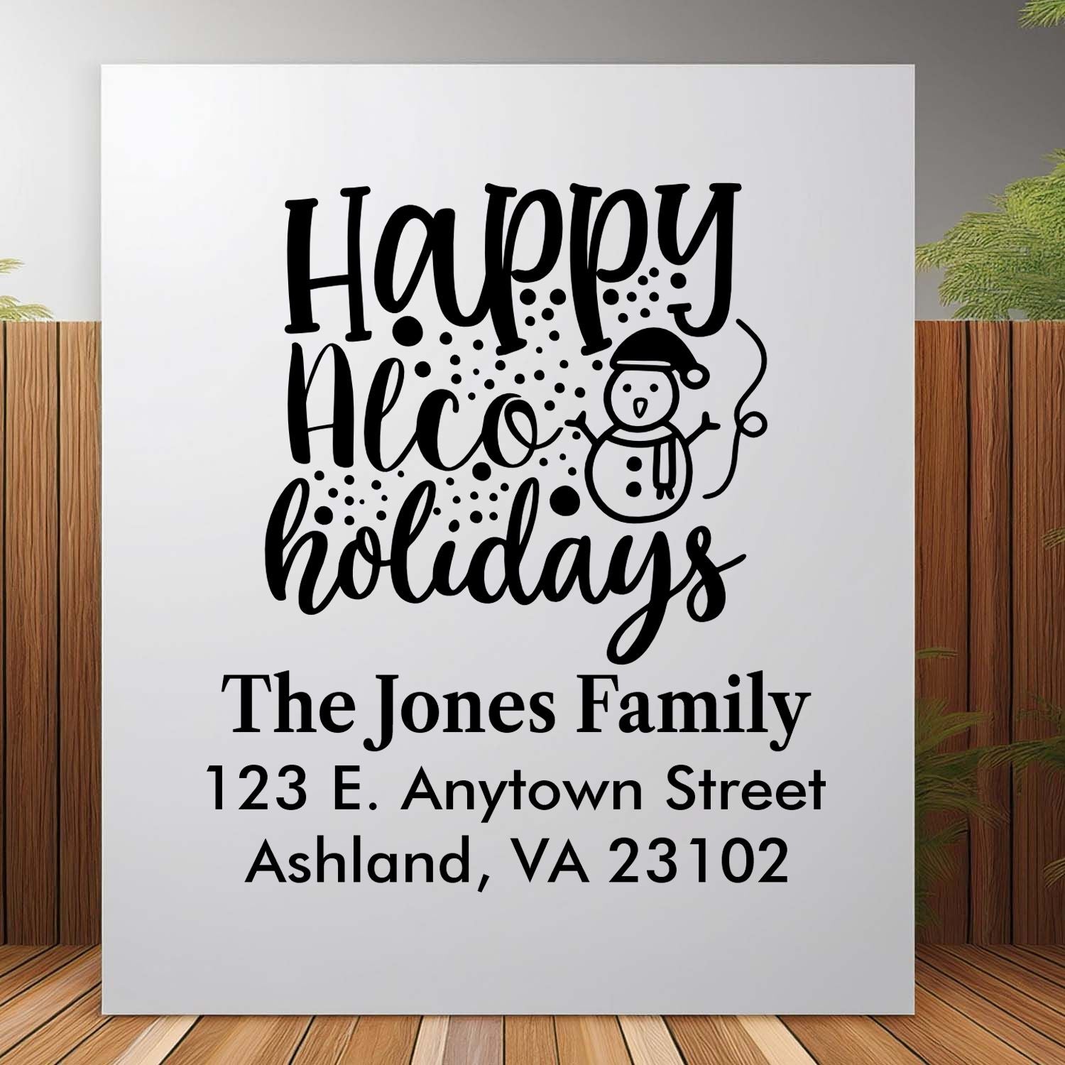Personalized Happy Holidays rubber stamp with snowman and family address for seasonal mailing cards and holiday stationery.