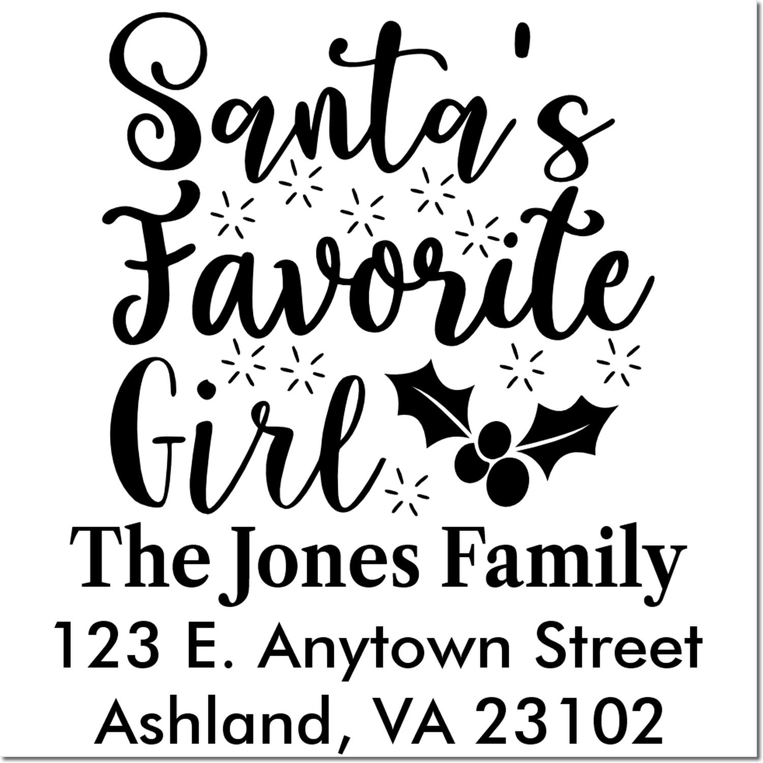 Personalized Santa's Favorite Girl rubber stamp with family name and address for holiday cards, gift tags, and festive mail.