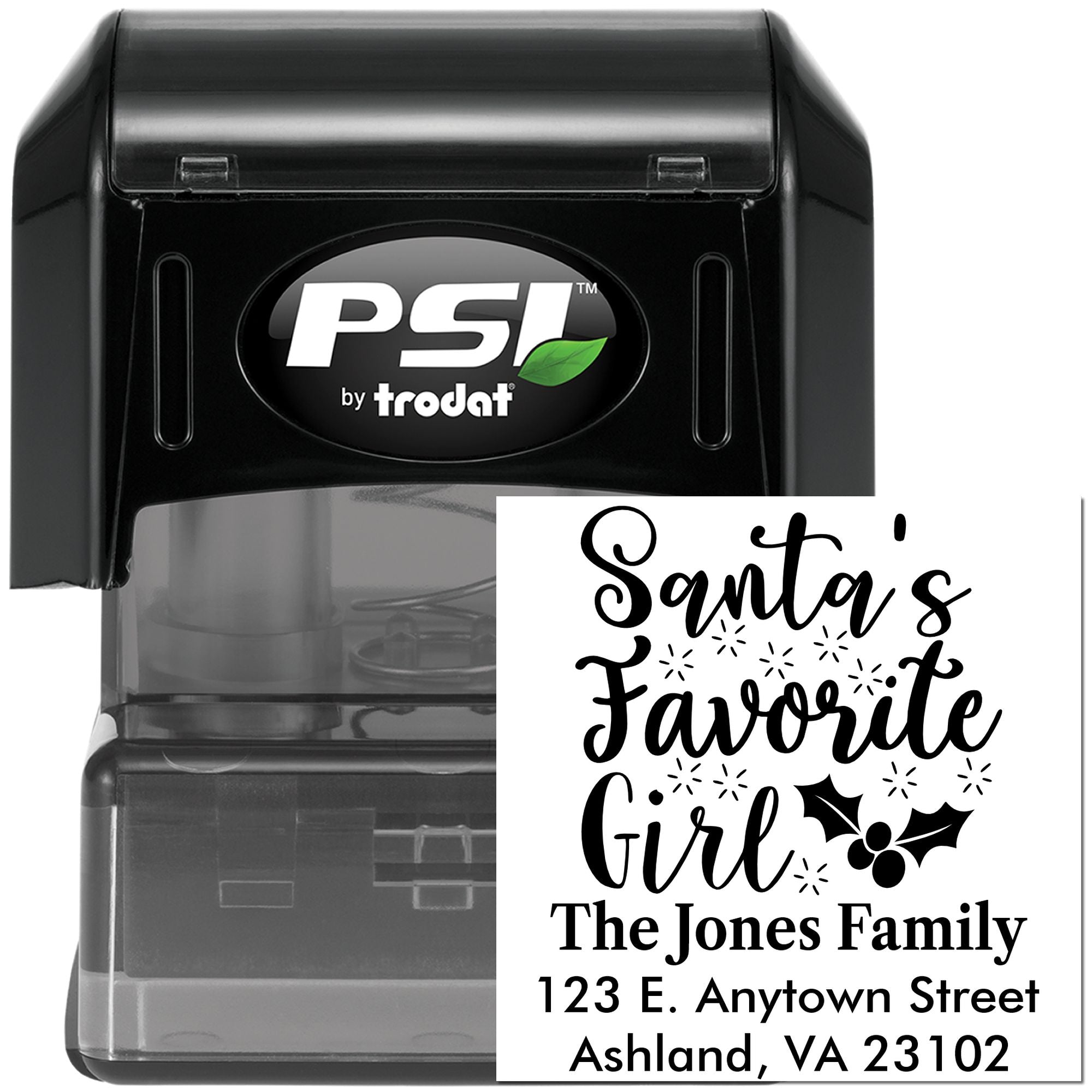 Custom self-inking rubber stamp by PSI Trodat with Santas Favorite Girl design, family name, and return address.