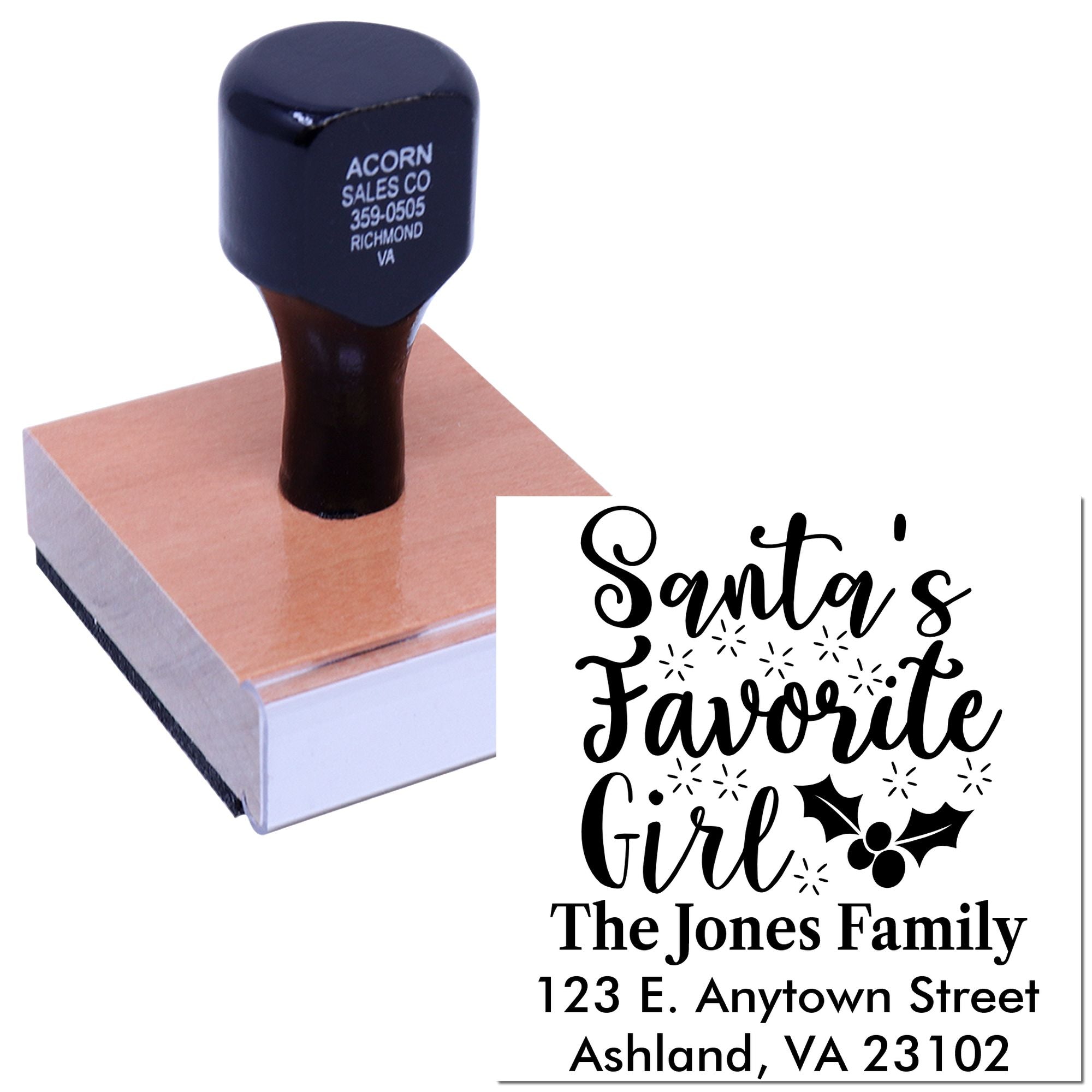 Personalized rubber stamp with Santas Favorite Girl return address design for holiday cards and festive mail.