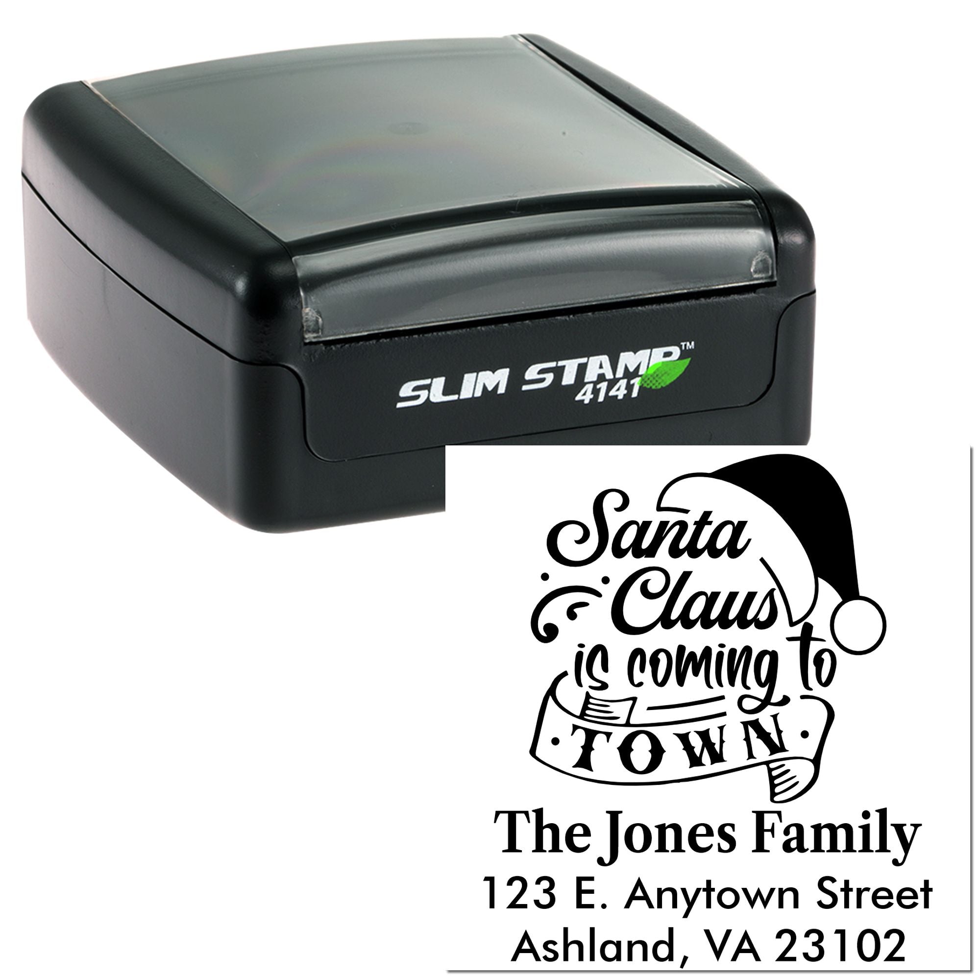 Custom self-inking rubber stamp with holiday return address design: Santa Claus is Coming to Town family stamp.