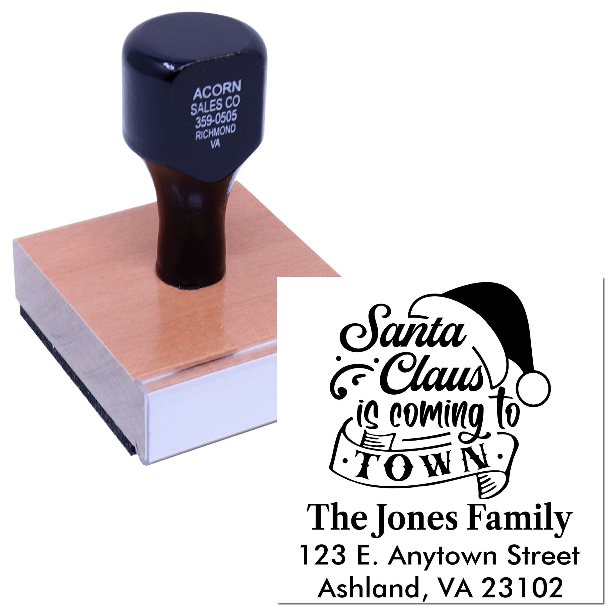 Custom holiday return address rubber stamp with Santa Claus is Coming to Town design and self-inking stamp handle.