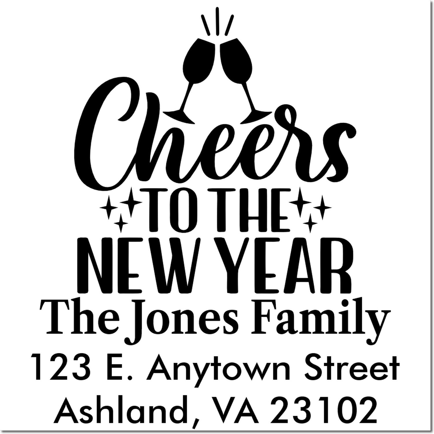 Custom Cheers to the New Year return address rubber stamp with champagne glasses for The Jones Family.
