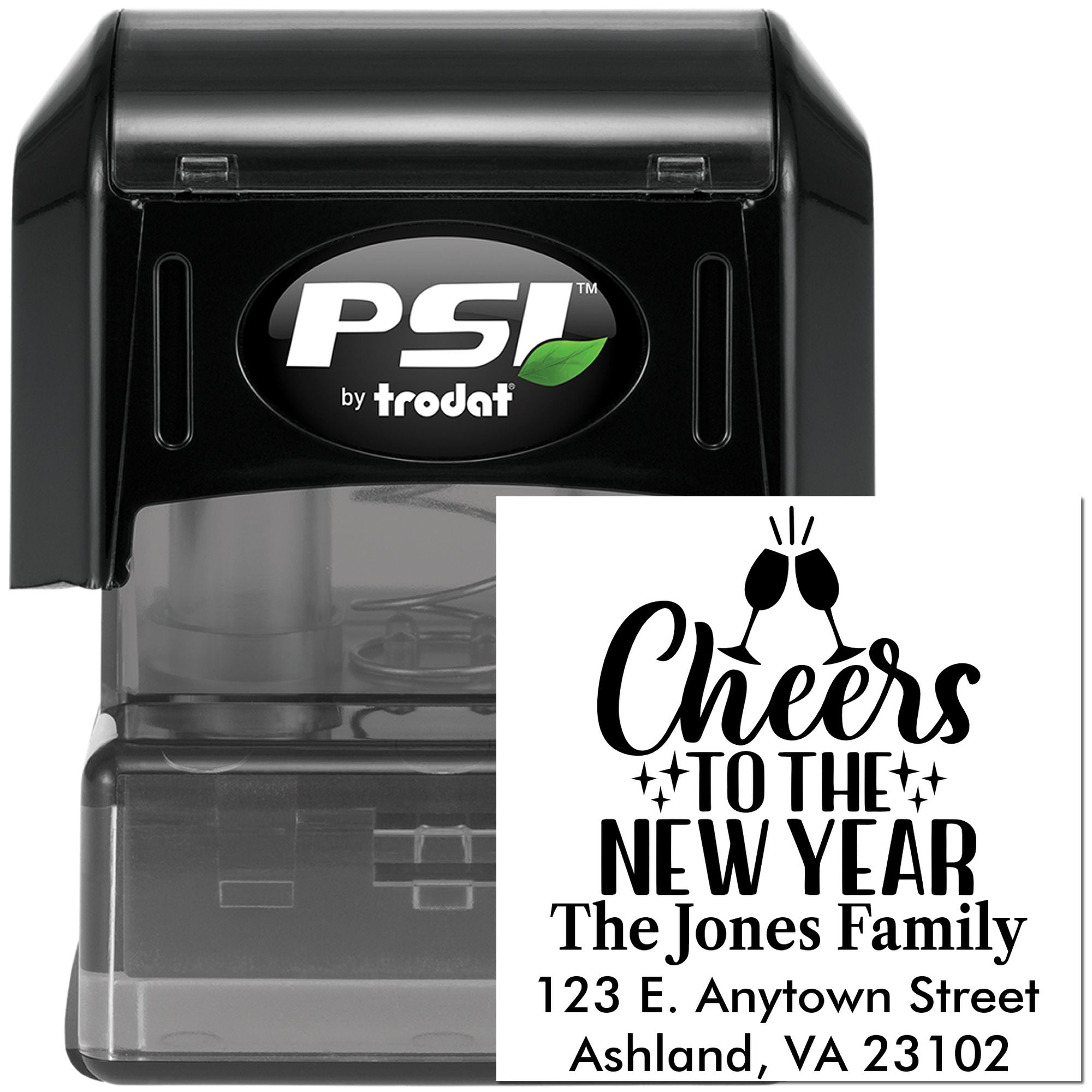Custom self-inking rubber address stamp with New Year cheers design for The Jones Family, ideal for holiday cards and mail.