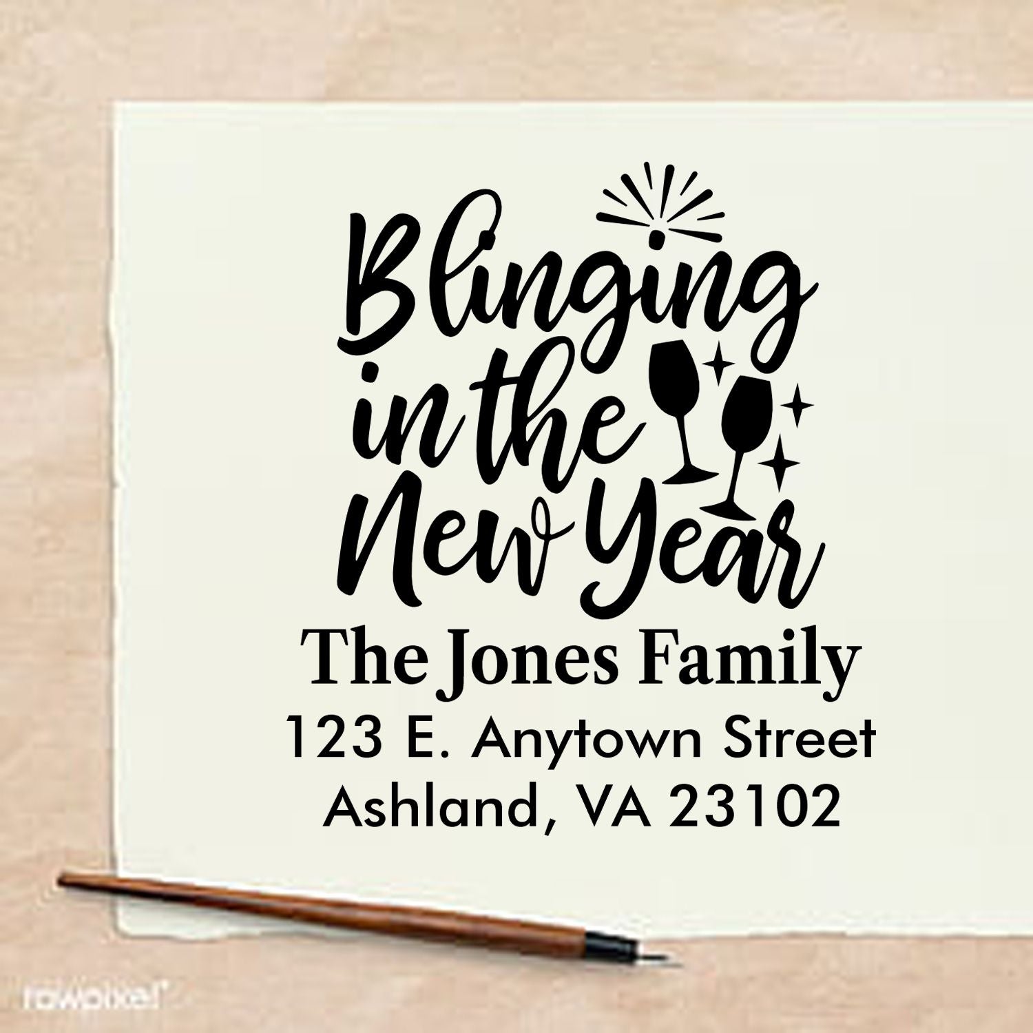 Custom New Year rubber stamp with champagne glasses and Blinging in the New Year for family return addresses and party mailings.