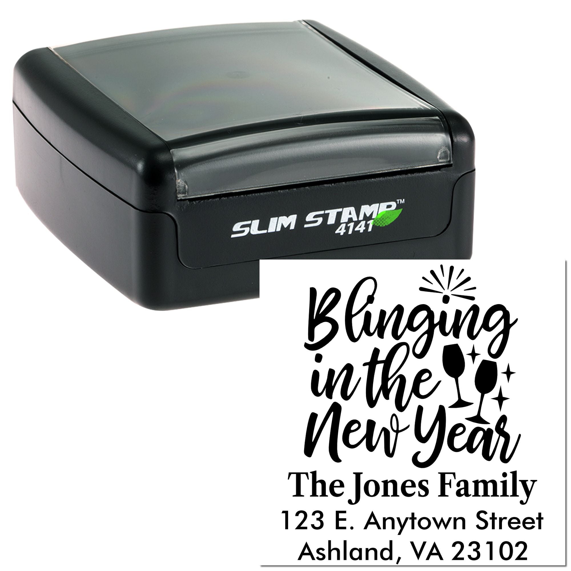 Custom self-inking address rubber stamp with Bring in the New Year design for holiday cards, invitations, and mailings.