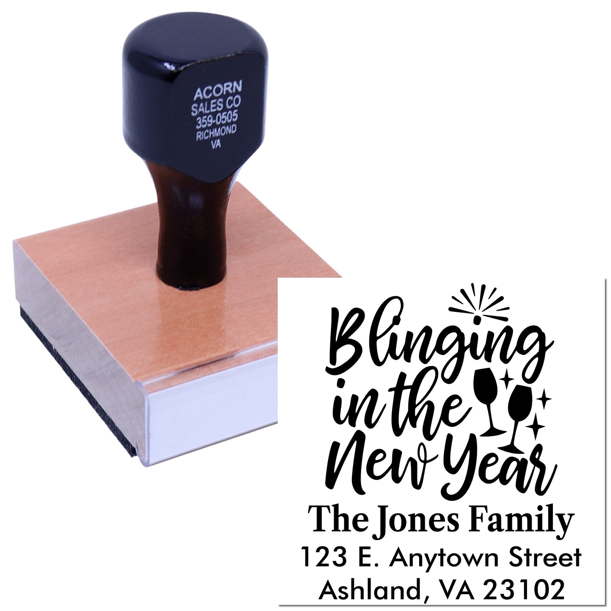 Custom rubber stamp for New Year cards and invitations, featuring Bringing in the New Year with family name and address.
