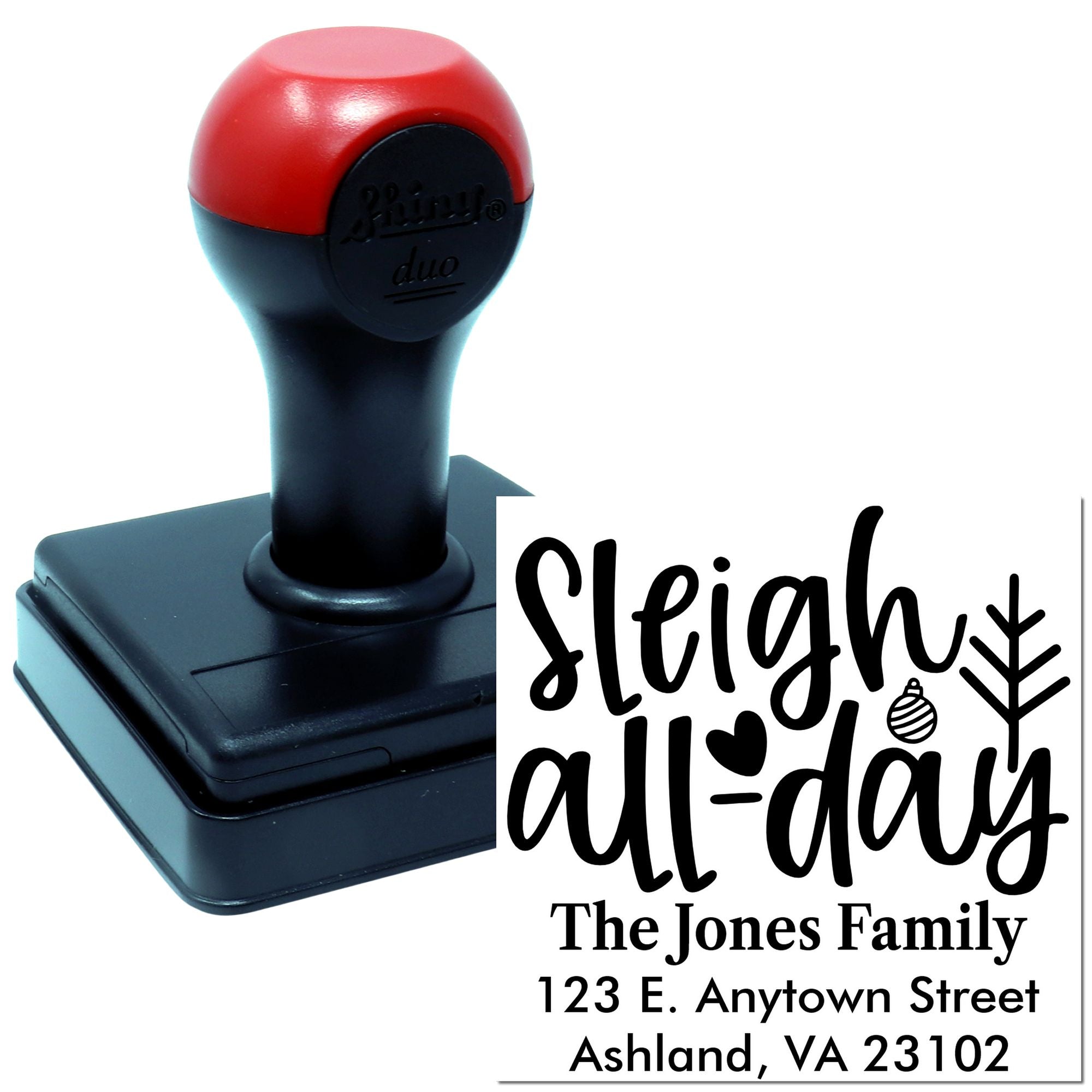 Custom self-inking rubber stamp for holiday cards with Sleigh all-day design and The Jones Family return address.