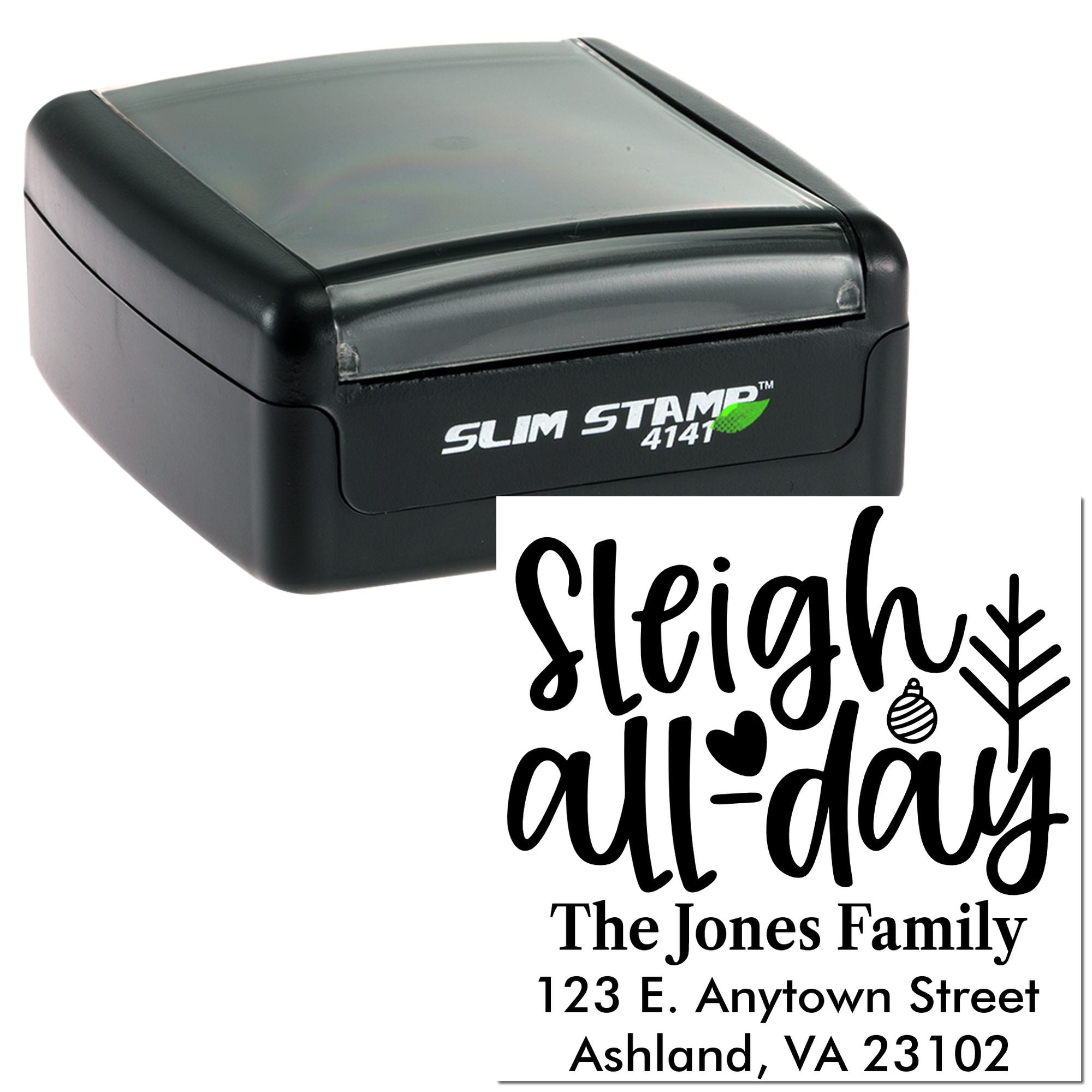Custom self-inking holiday return address rubber stamp with Sleigh all-day family design and personalized address.
