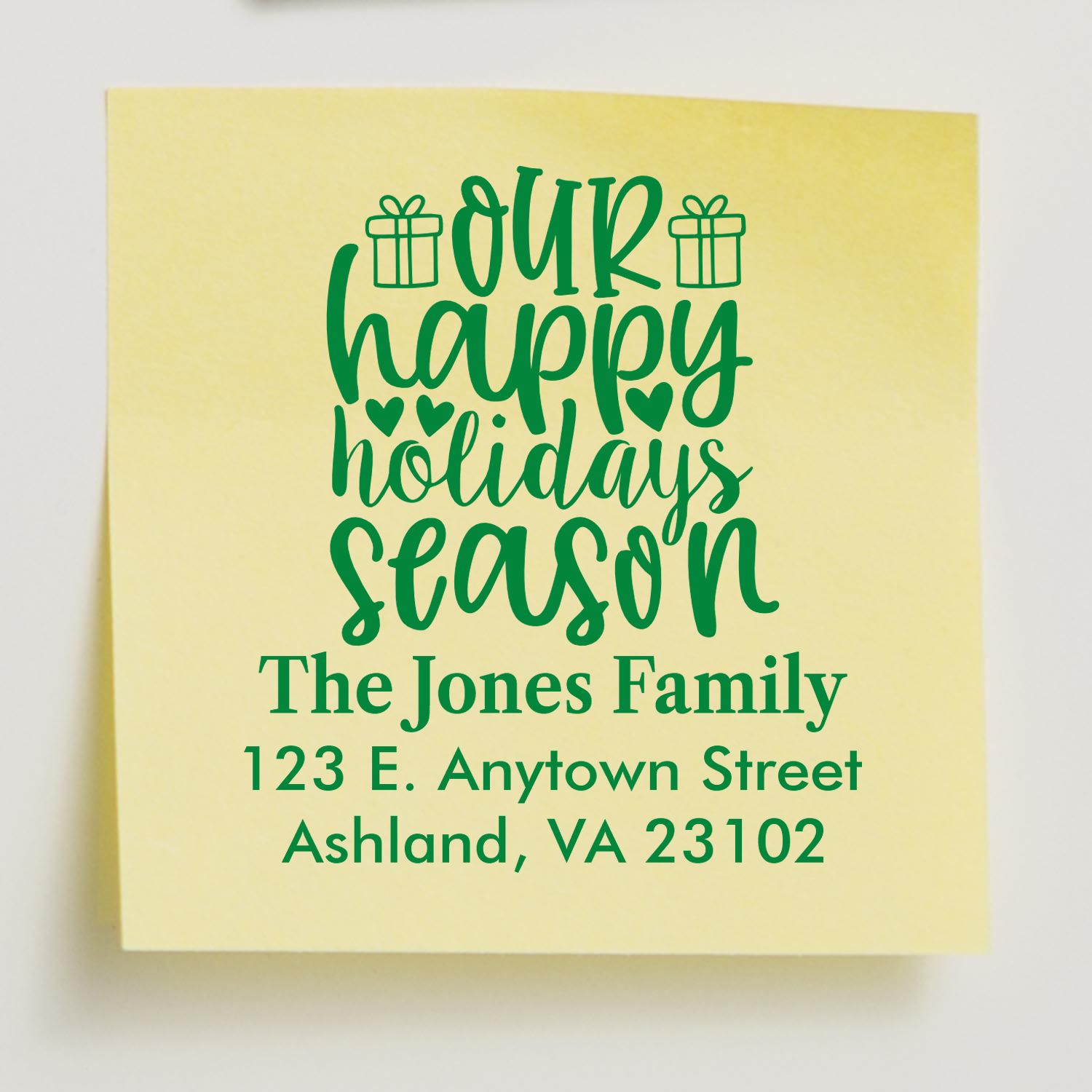 Custom holiday return address rubber stamp featuring Our Happy Holidays Season for The Jones Family.