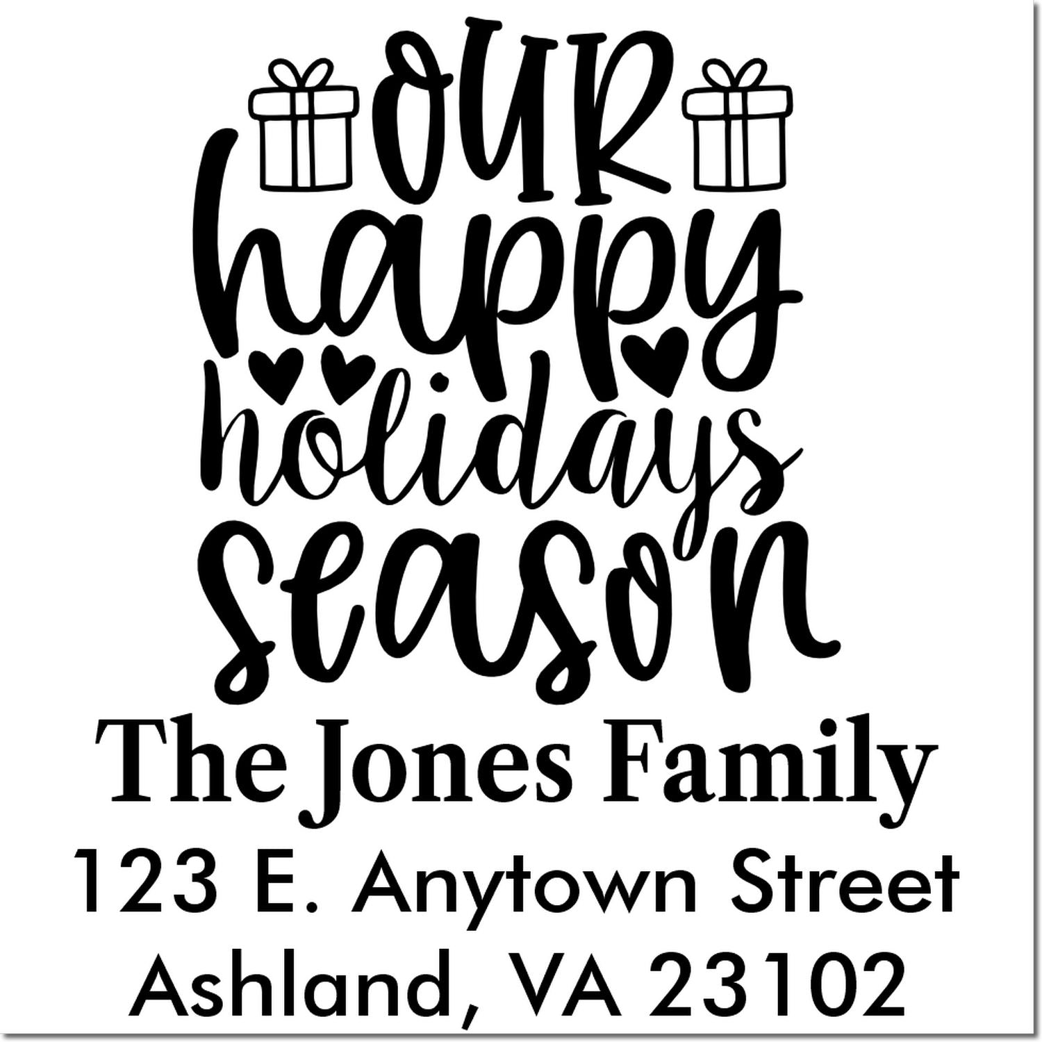 Custom holiday return address rubber stamp with gift icons and Our Happy Holidays Season for The Jones Family.