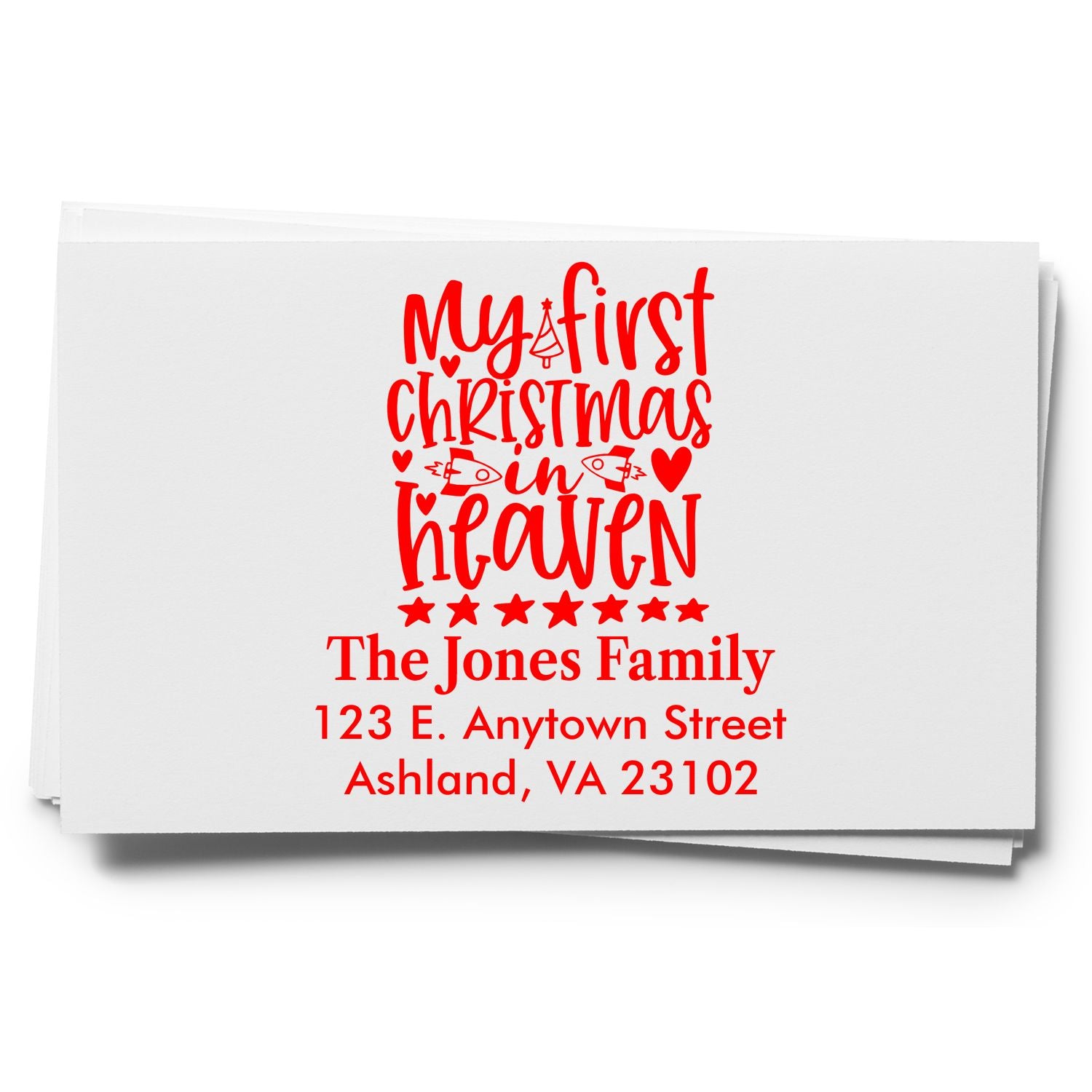 Personalized Christmas in Heaven memorial rubber stamp with return address for holiday cards and envelopes.