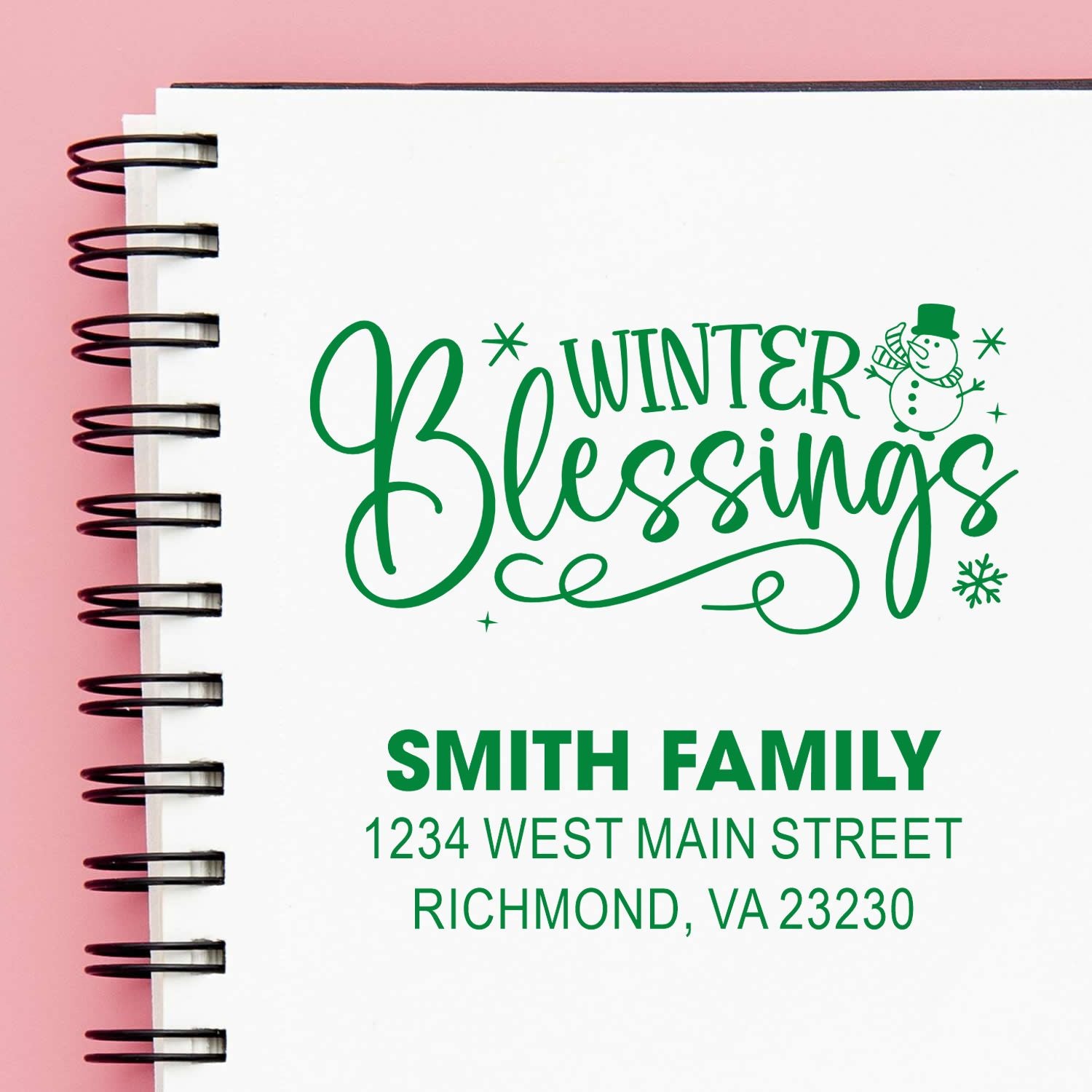 Custom Winter Blessings rubber stamp with Smith Family return address for holiday cards and seasonal mailing.