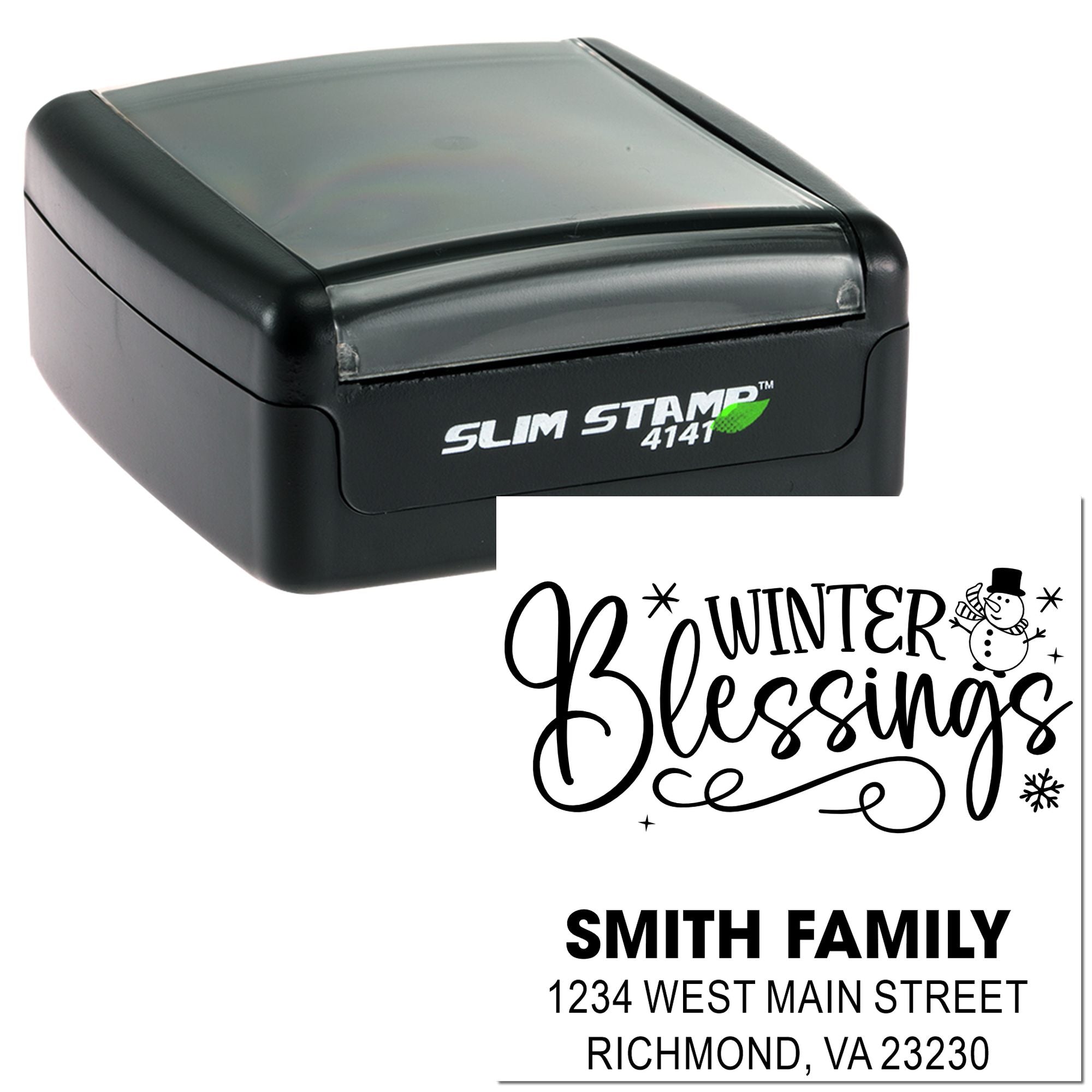 Custom self-inking rubber stamp for holiday greetings and address labels, shown with Winter Blessings and Smith Family sample impressions.