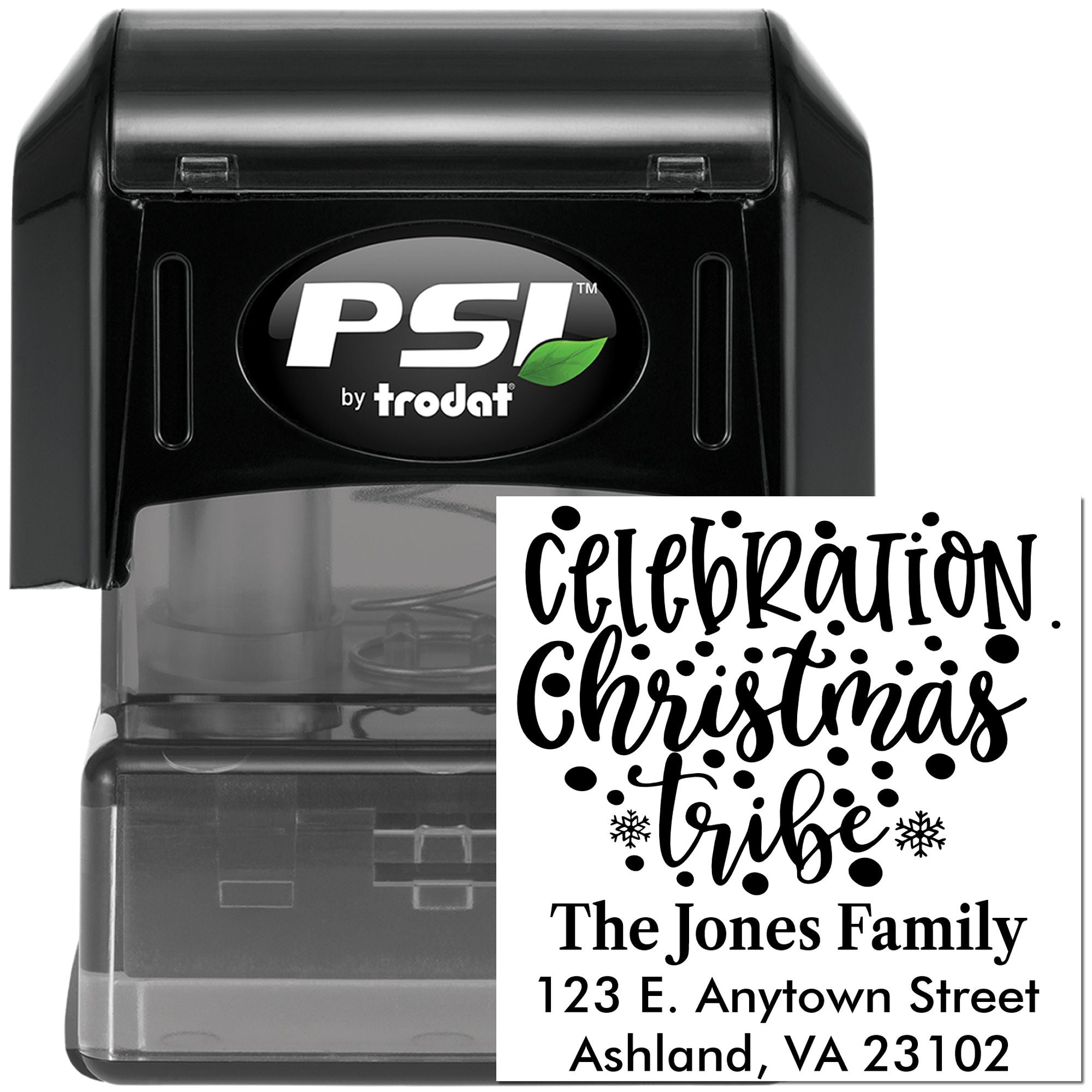 PSI by Trodat self-inking rubber stamp with custom Christmas family address design for holiday cards and invitations