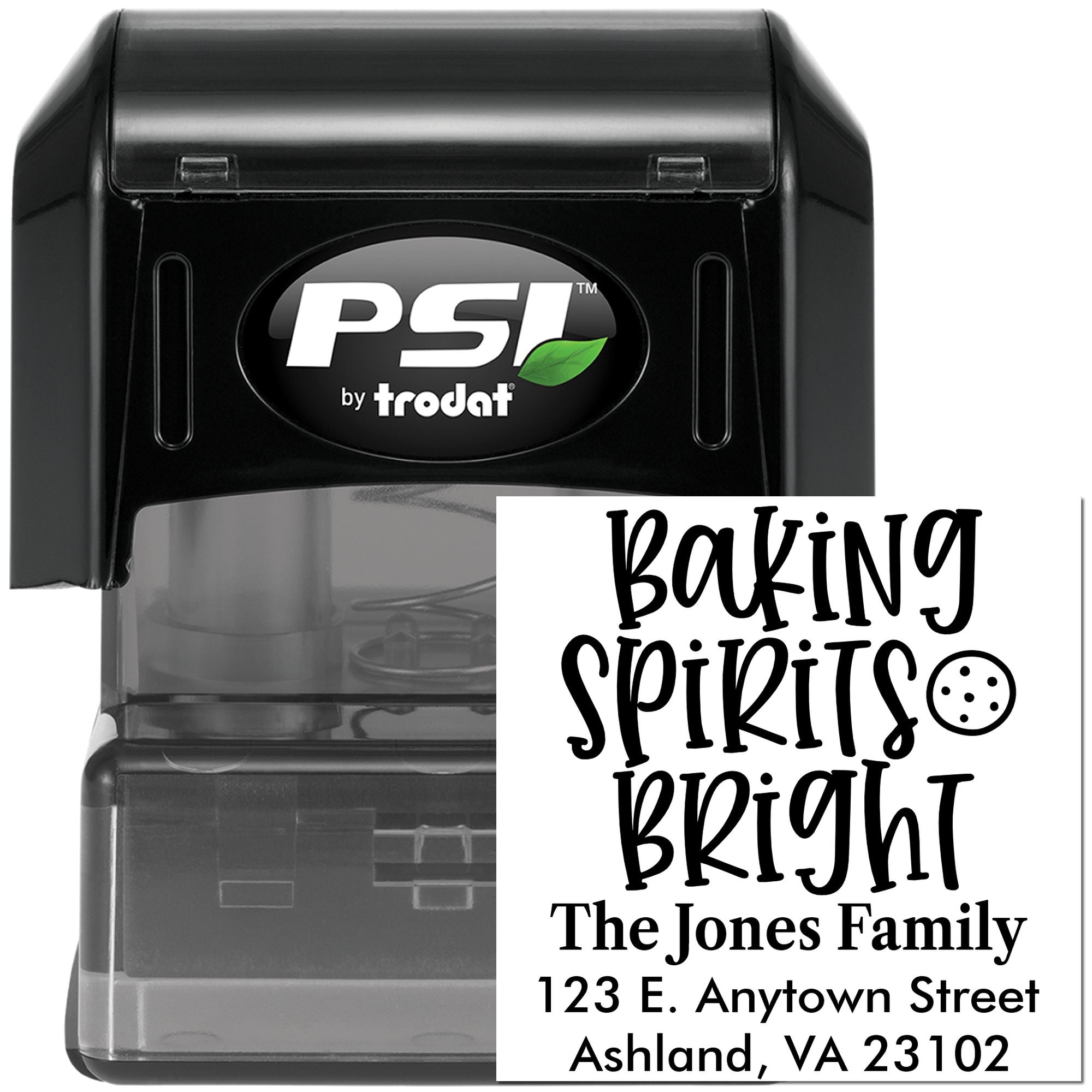 PSI by Trodat custom self-inking rubber stamp for holiday baking gifts, with Baking Spirits Bright return address imprint.