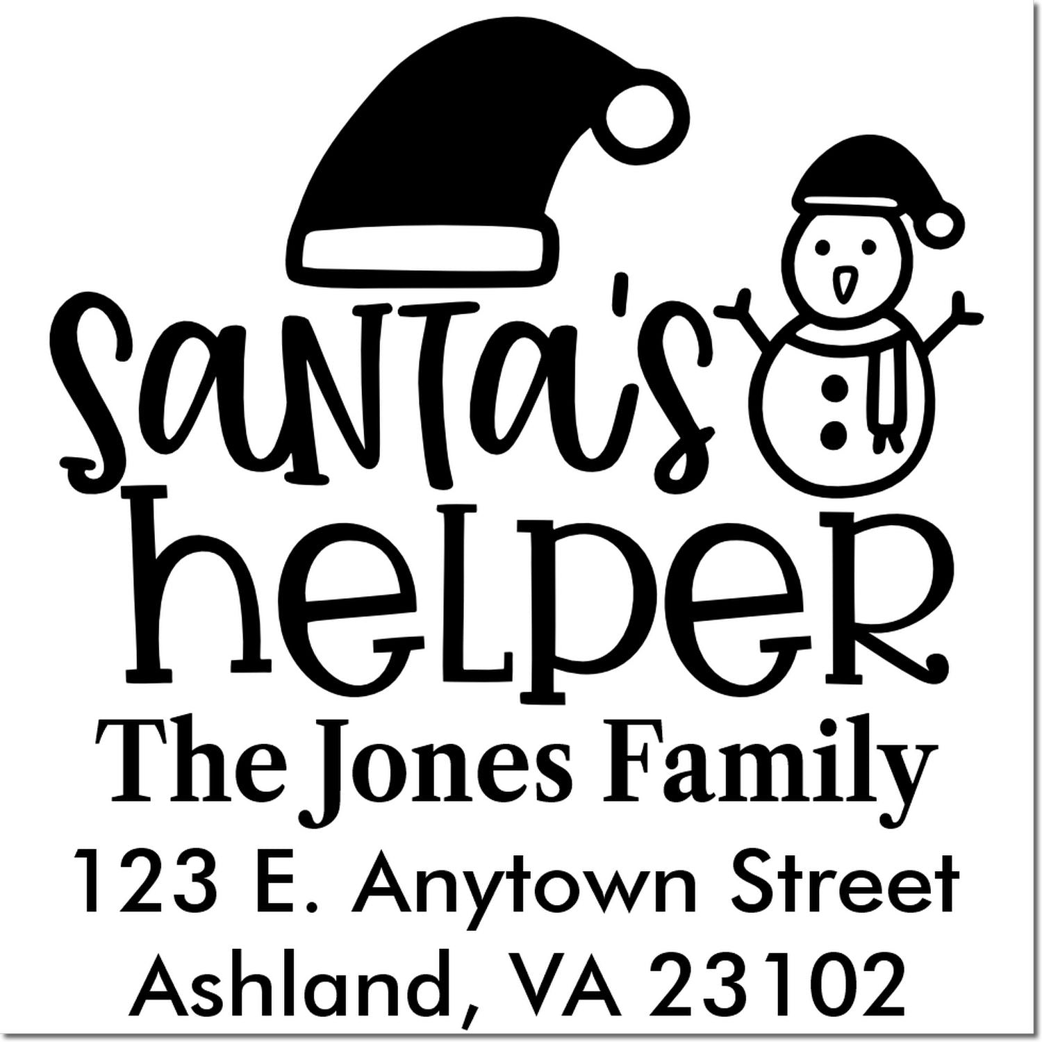 Custom Santa's Helper holiday return address rubber stamp with snowman icon for The Jones Family, Ashland VA 23102