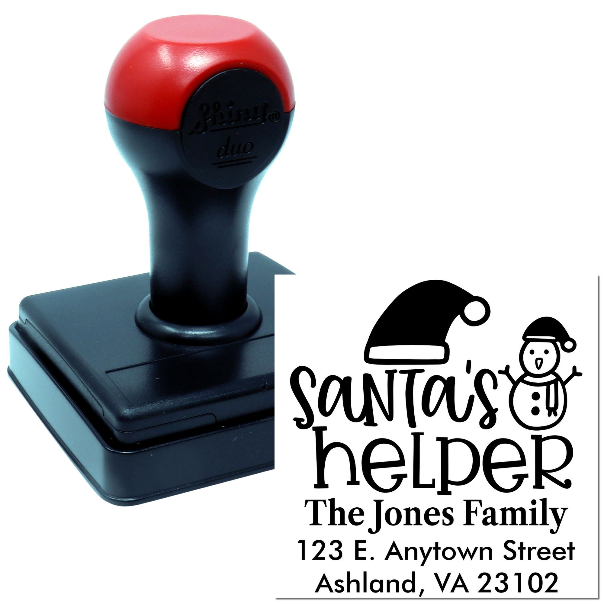 Custom self-inking rubber stamp with Santas Helper return address design for holiday mail and envelope addressing.