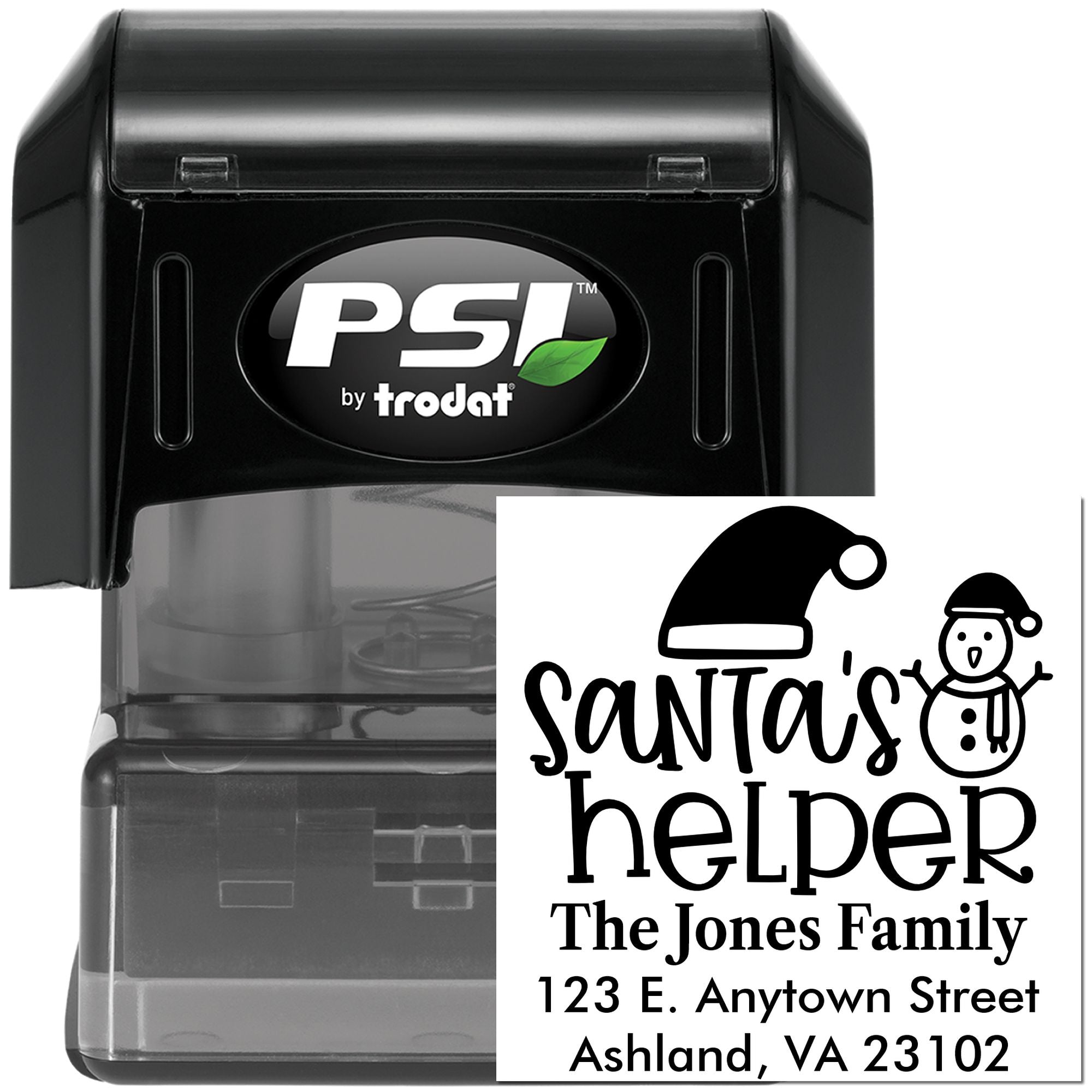 PSI by Trodat self-inking rubber stamp with custom Santa's helper family address design for holiday mailings