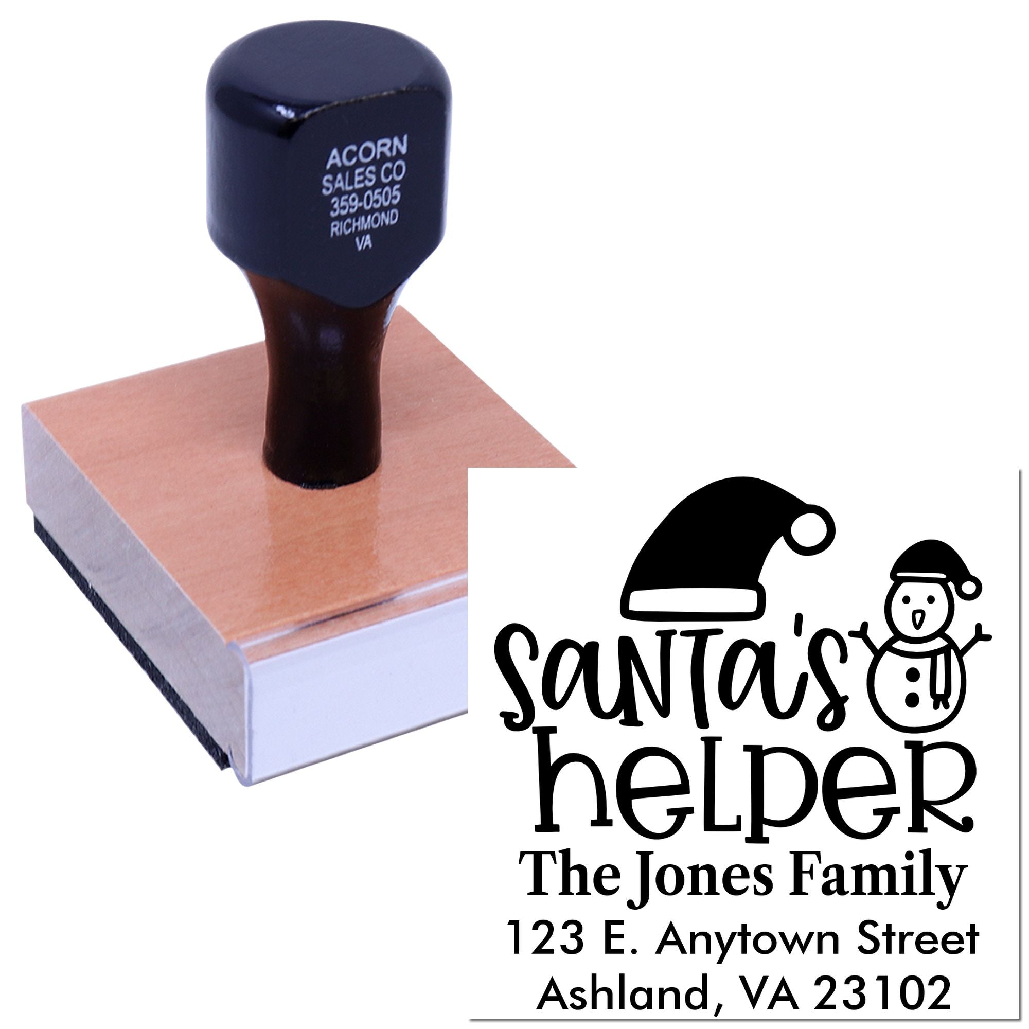 Custom Christmas return address rubber stamp featuring Santas helper family design and mailing address.