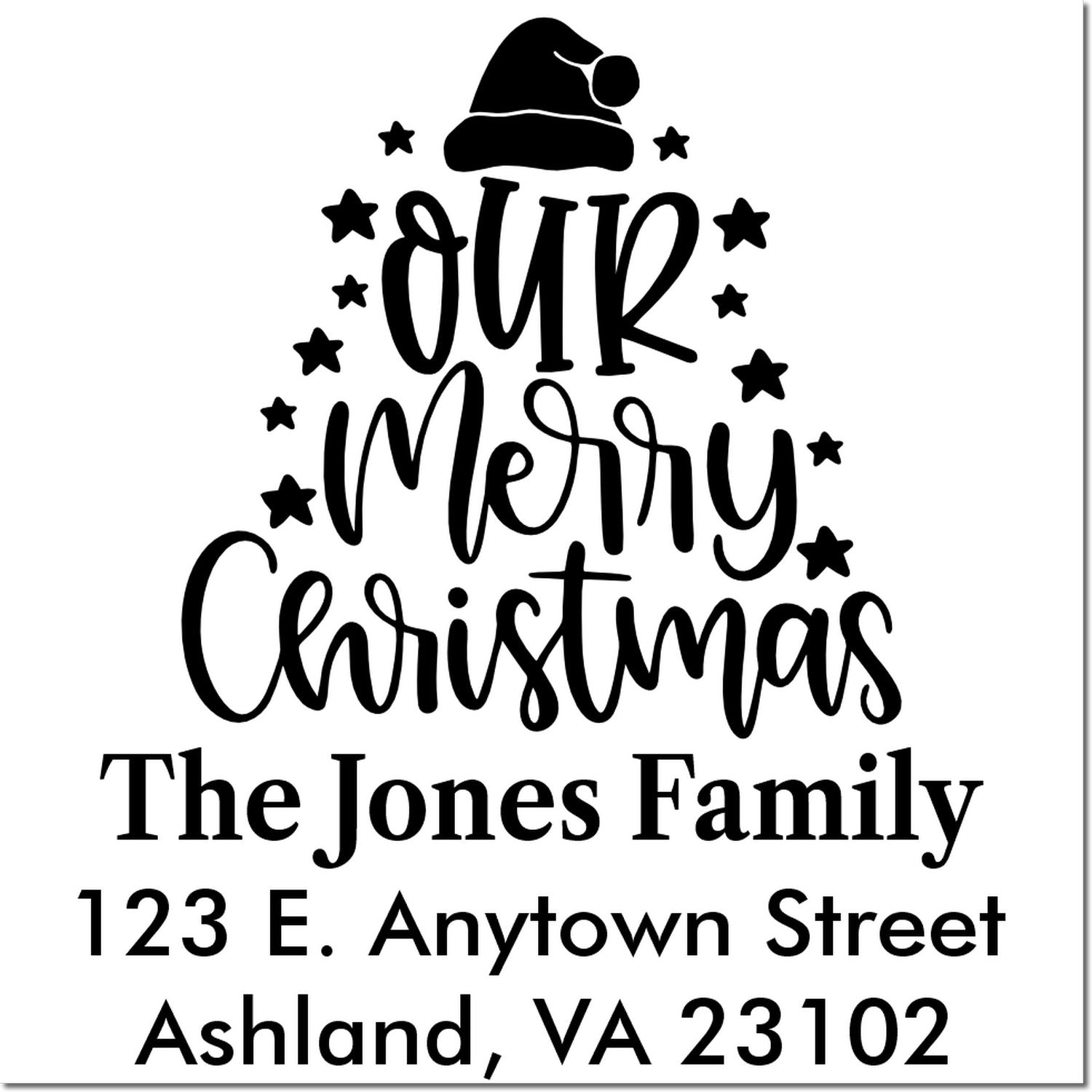 Personalized Merry Christmas return address rubber stamp with The Jones Family, Ashland VA, and Santa hat holiday design.