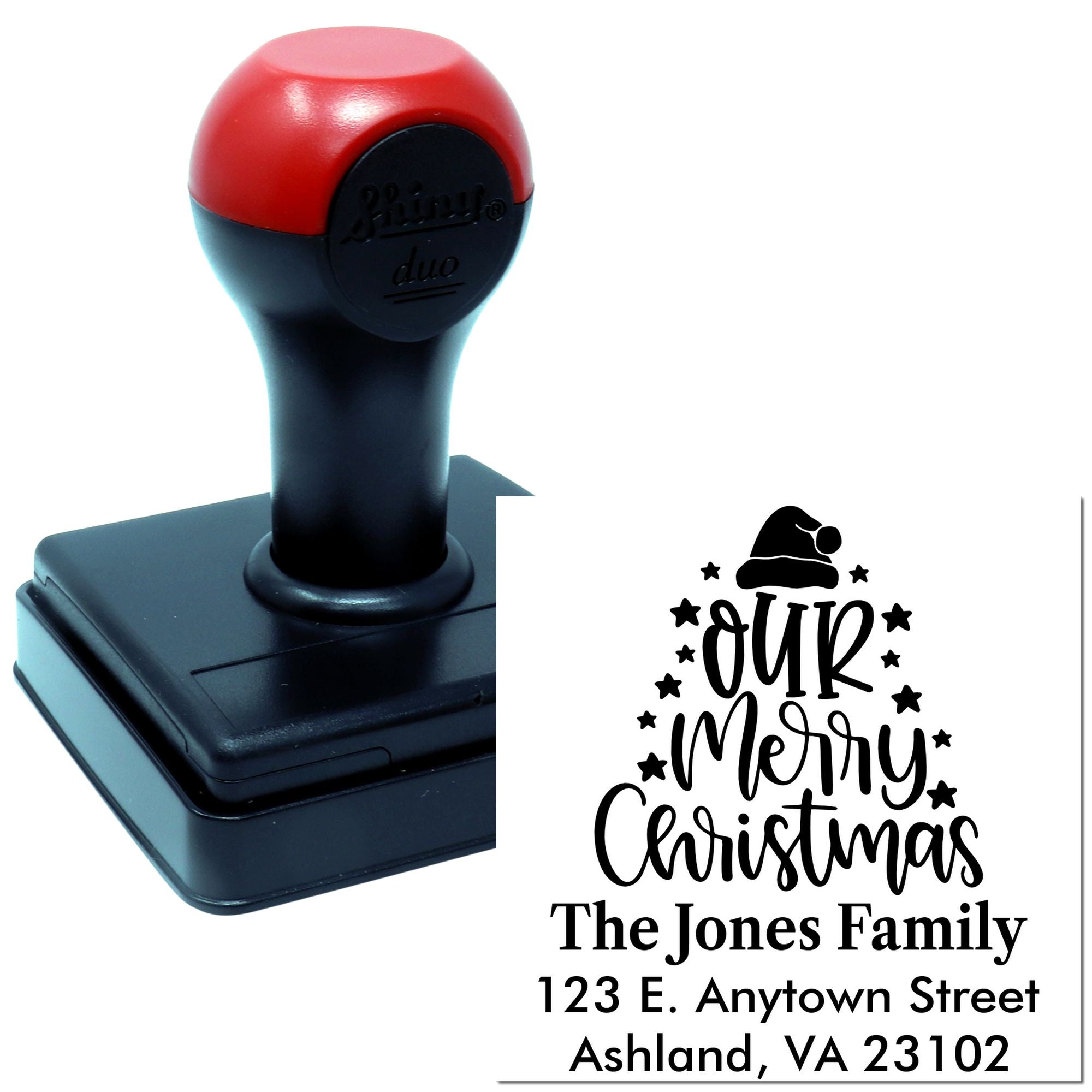 Custom self-inking rubber stamp with personalized Merry Christmas return address design for holiday cards and envelopes