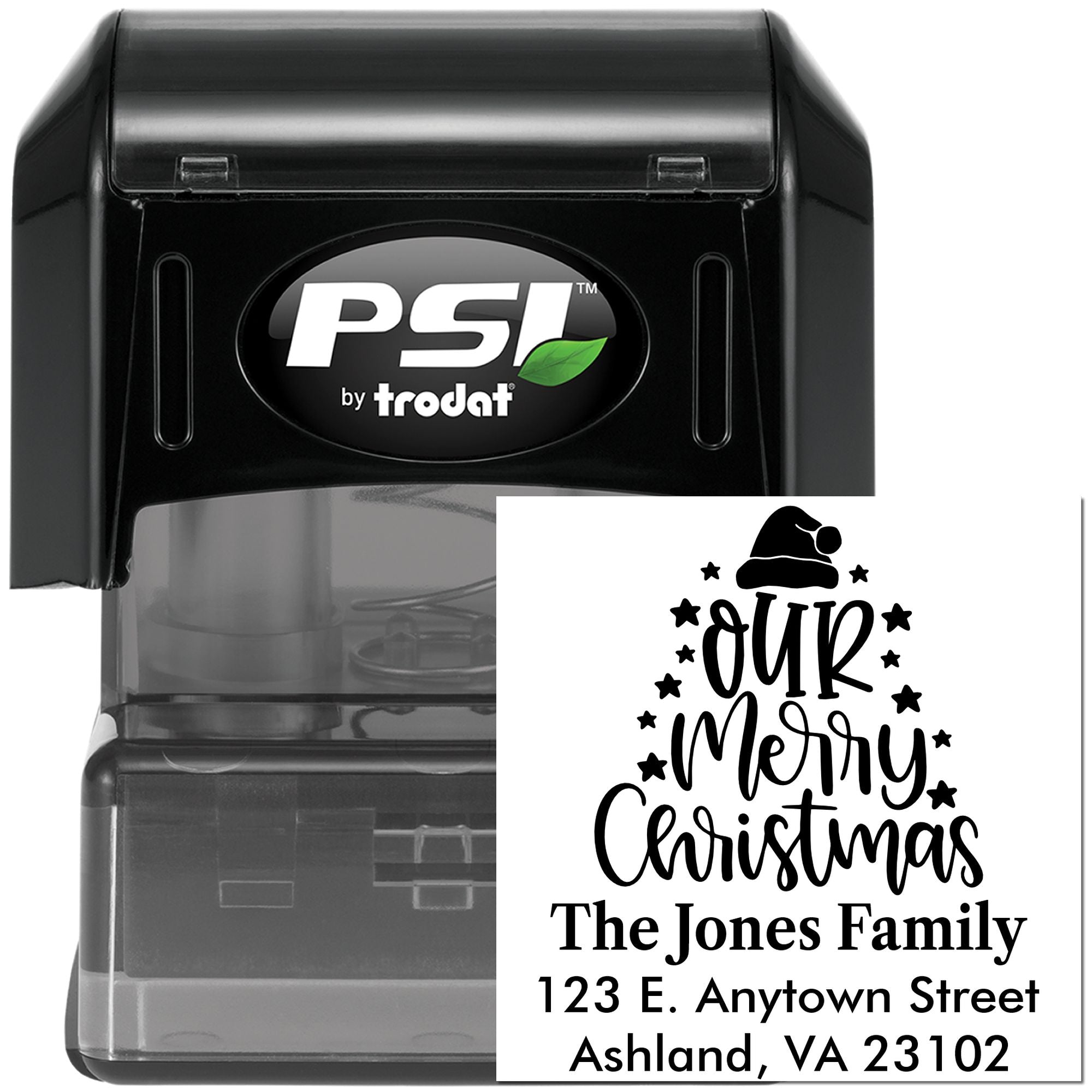 Custom self-inking Christmas return address rubber stamp by PSI by Trodat, ideal for festive holiday mail and cards.