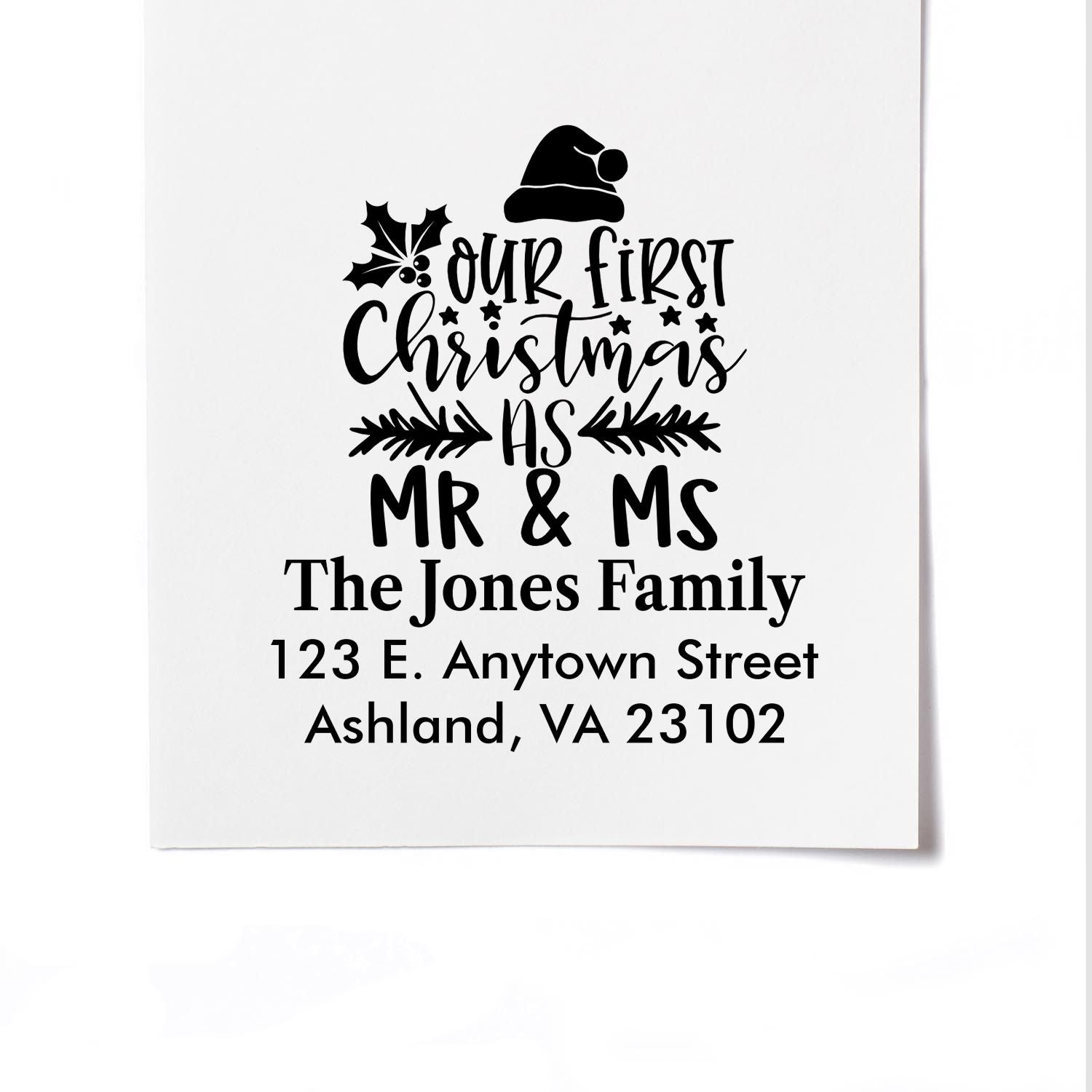 Custom Our First Christmas as Mr & Ms holiday return address rubber stamp for The Jones Family, Ashland, VA