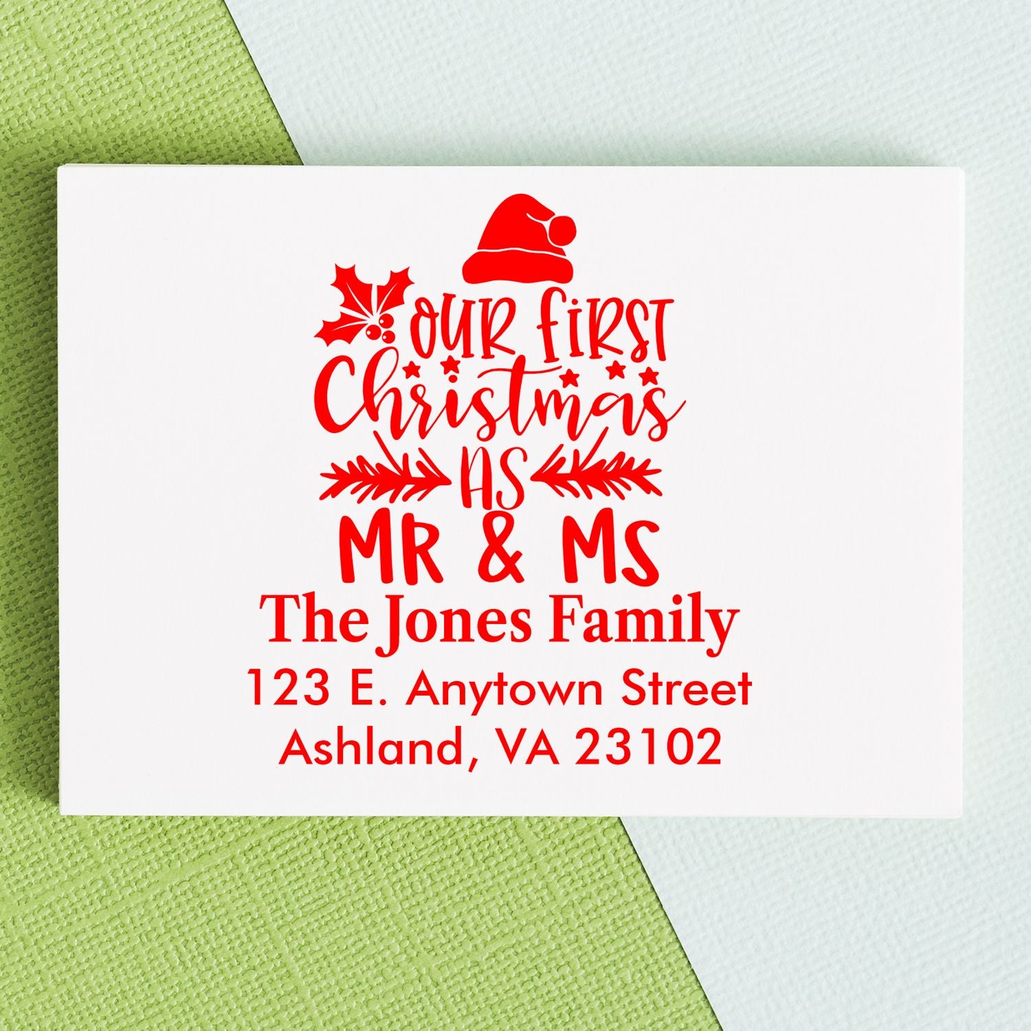 Custom Christmas return address rubber stamp for Mr. & Ms. Jones family, ideal for first Christmas cards and holiday mail.