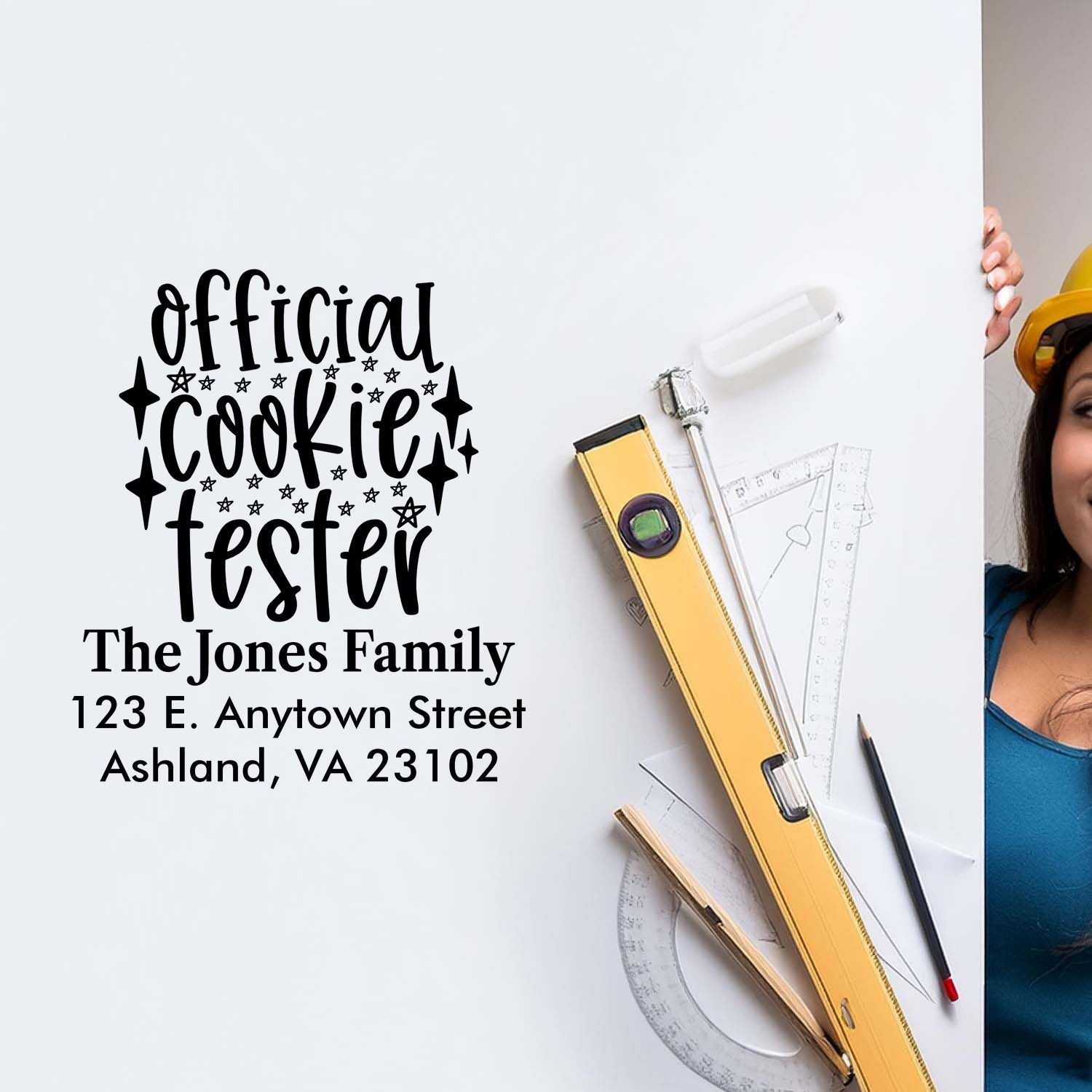 Custom rubber stamp for an official cookie tester, personalized with name and address for baking and kitchen use.