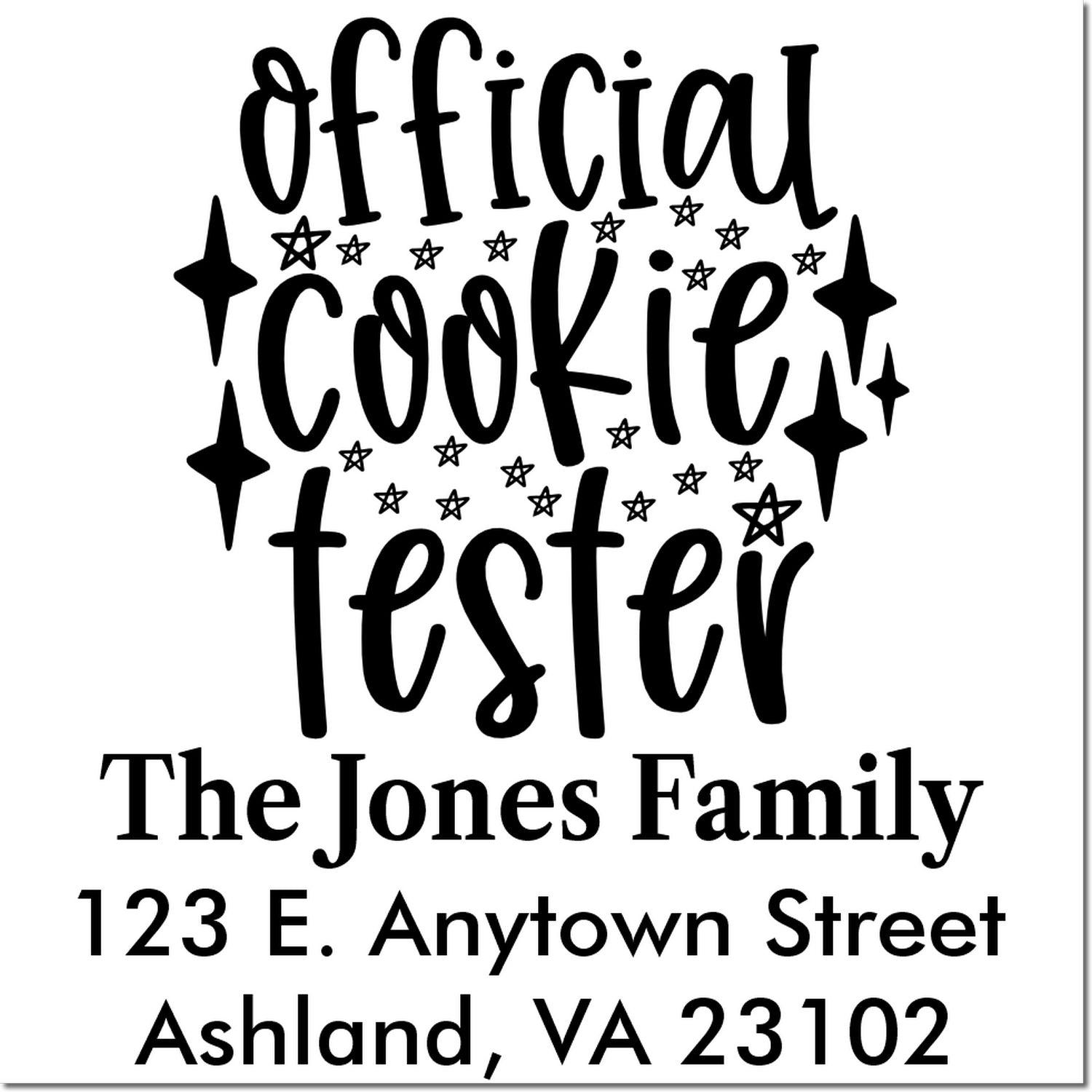 Personalized official cookie tester return address rubber stamp with The Jones Family name and Ashland, VA address.