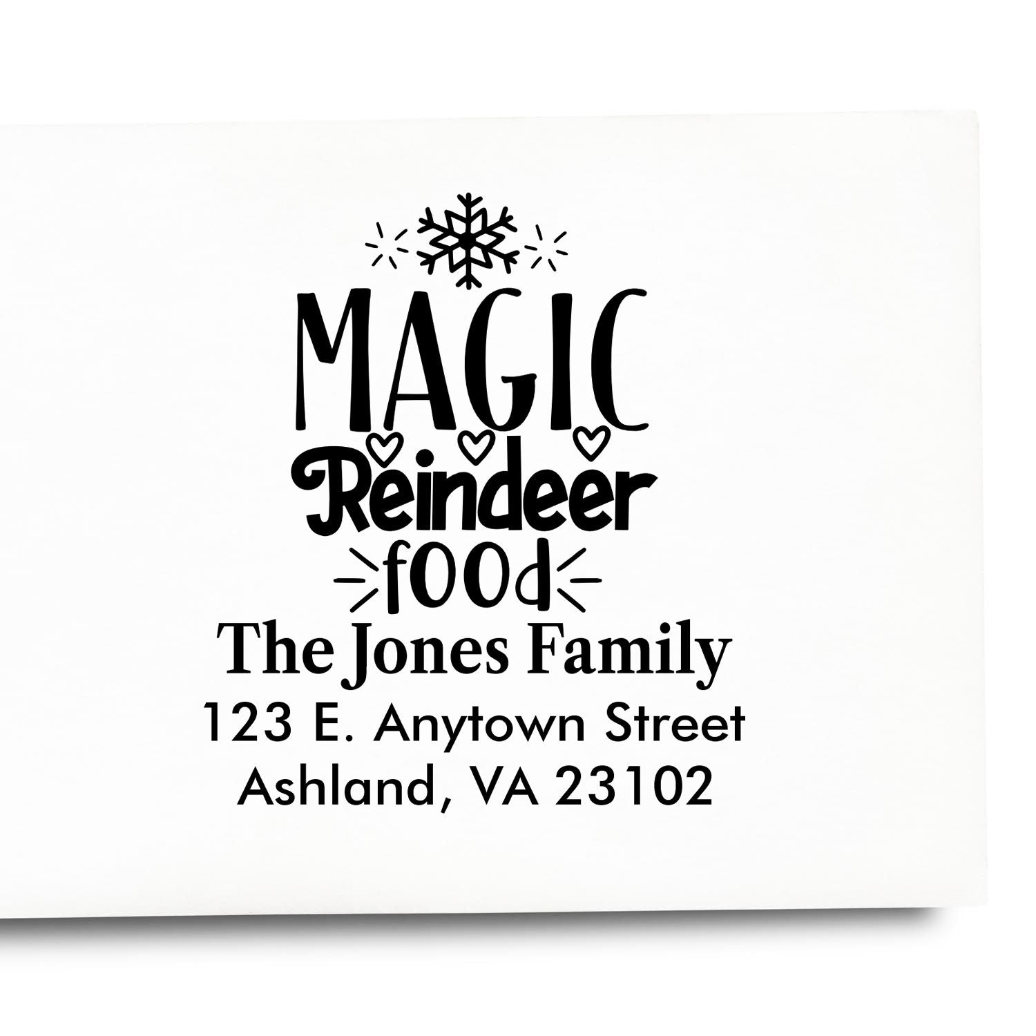 Custom Christmas return address rubber stamp with Magic Reindeer Food design for holiday cards and gift bags.