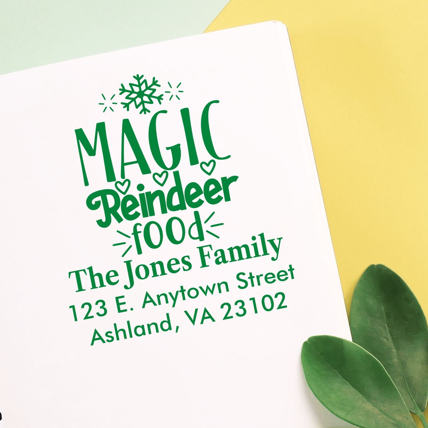 Custom Magic Reindeer Food Christmas rubber stamp with family name and address for holiday gift tags and treat bags.