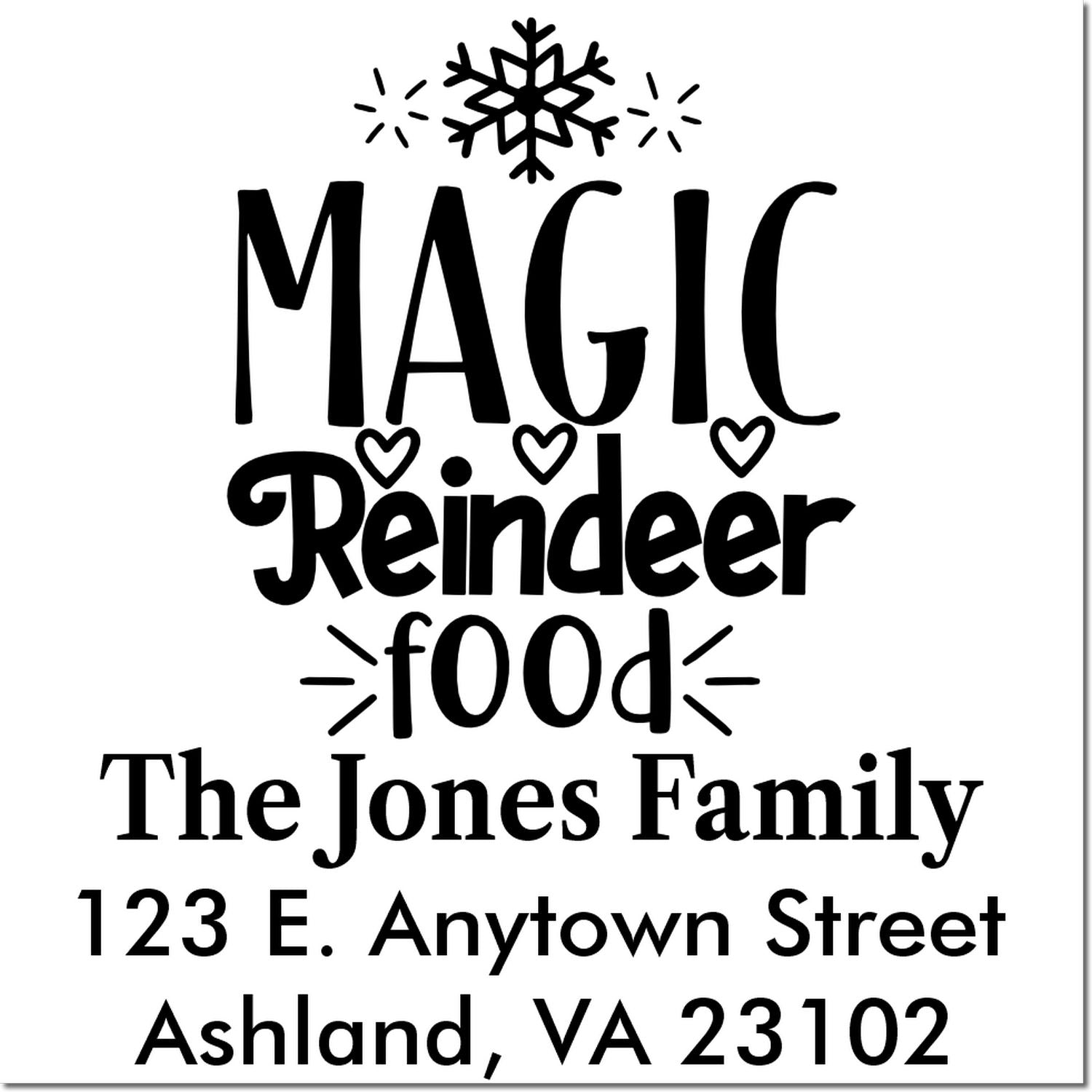 Custom Christmas rubber stamp for magic reindeer food, personalized with family name and address.