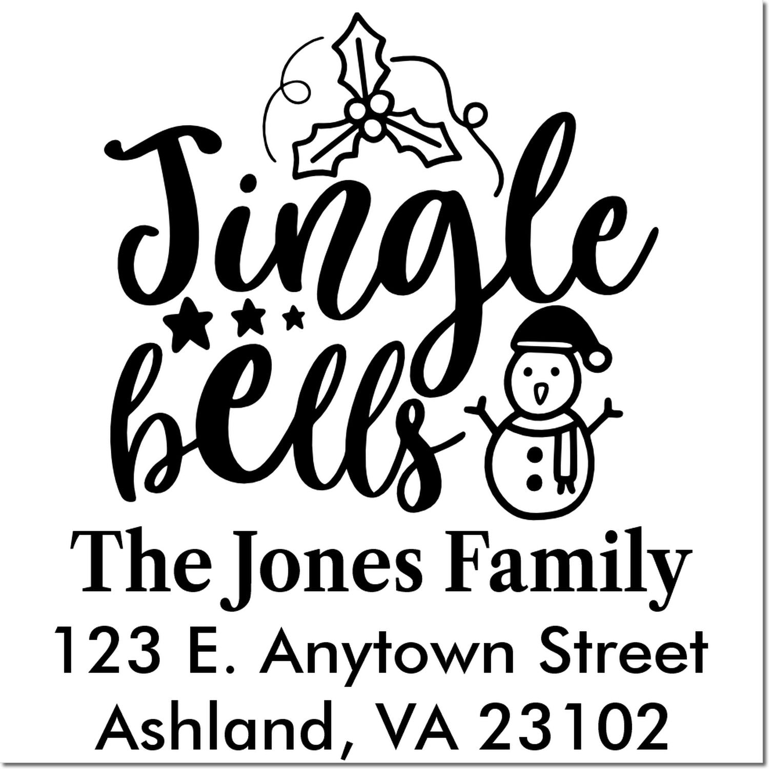 Custom Christmas return address rubber stamp with Jingle Bells, snowman, holly, and The Jones Family address.