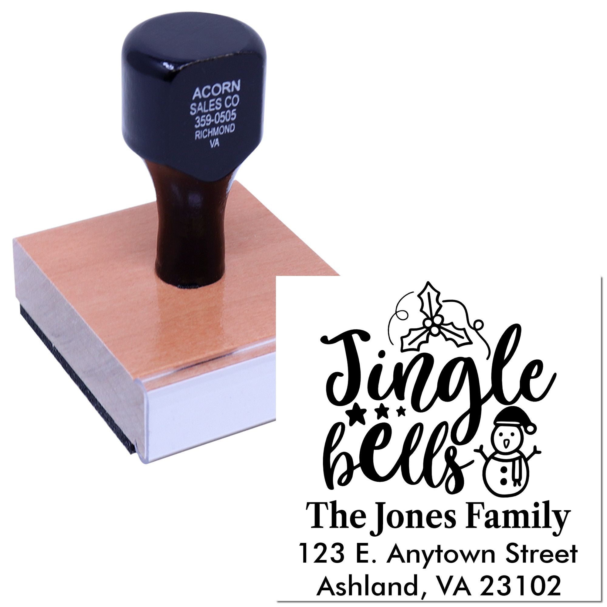 Custom Christmas return address rubber stamp with Jingle Bells design for festive family cards, envelopes, and holiday mail.