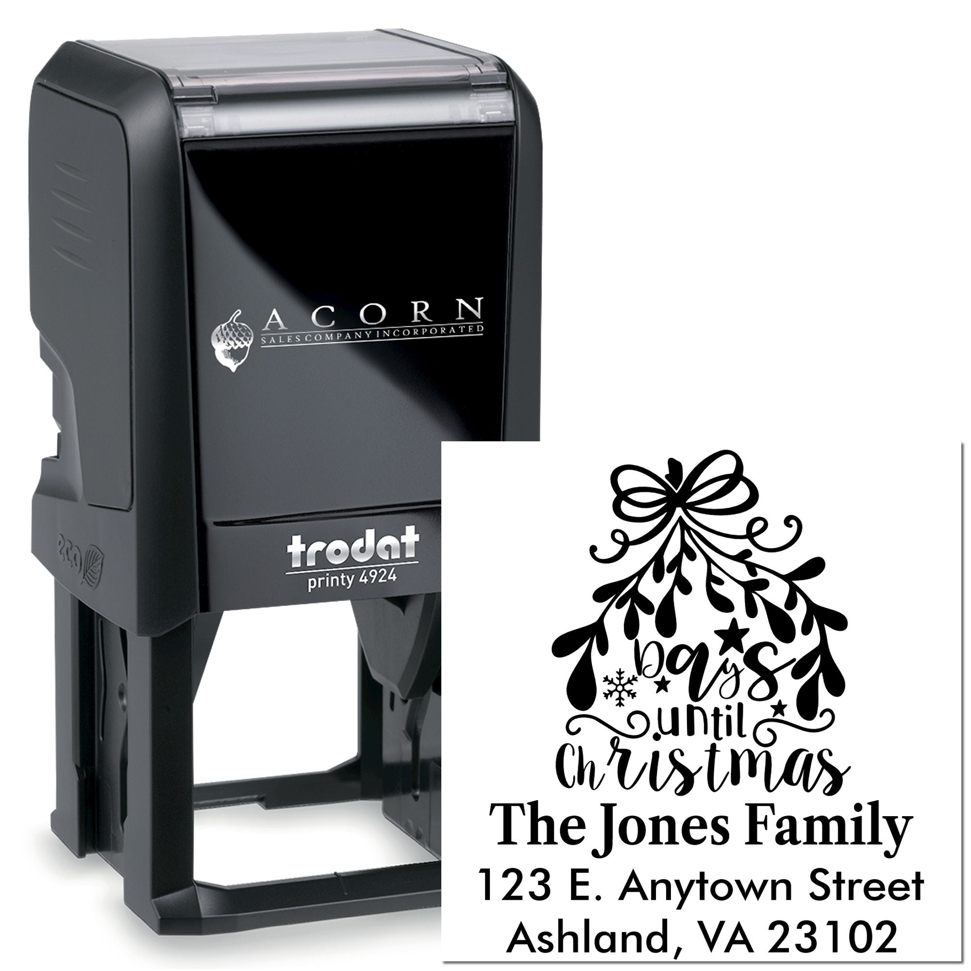 Custom Trodat Printy 4924 self-inking rubber stamp with Christmas family address design for holiday cards and envelopes.