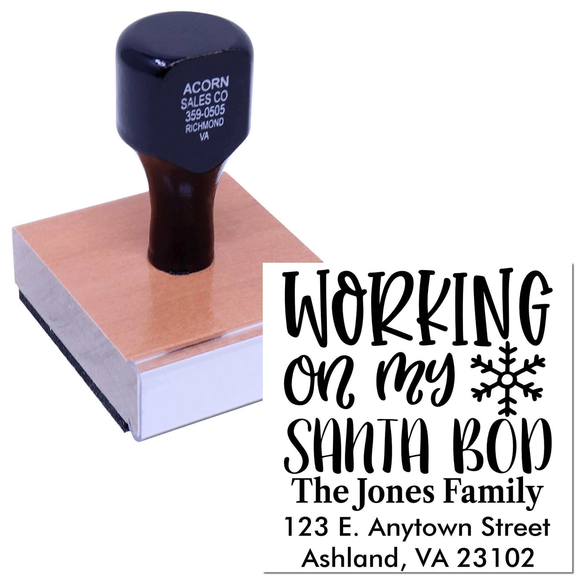 Personalized holiday rubber stamp featuring Working on My Santa Bod and custom family address for cards and gifts.