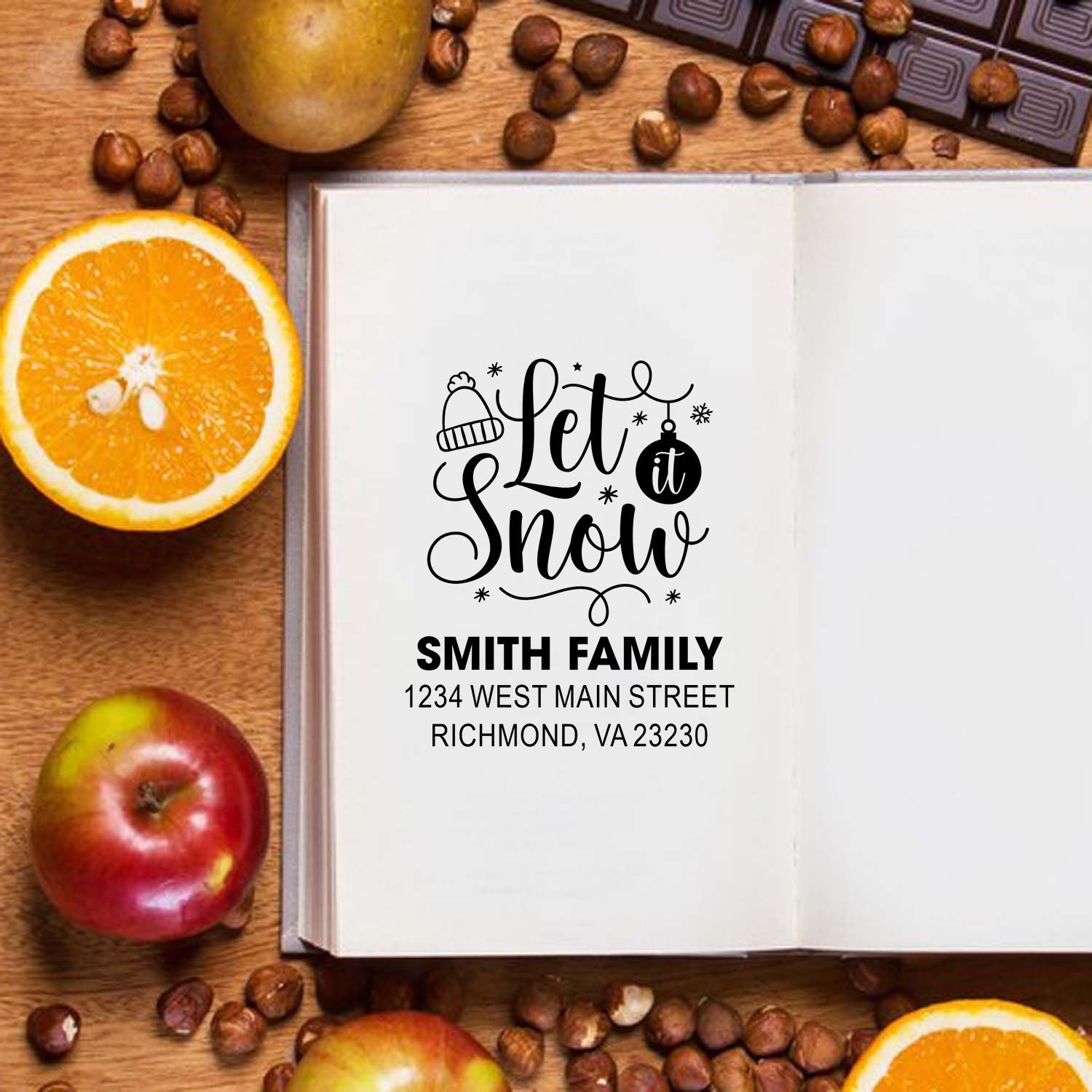 Personalized holiday rubber stamp with Let it Snow design and Smith Family return address for festive cards and winter mailings.